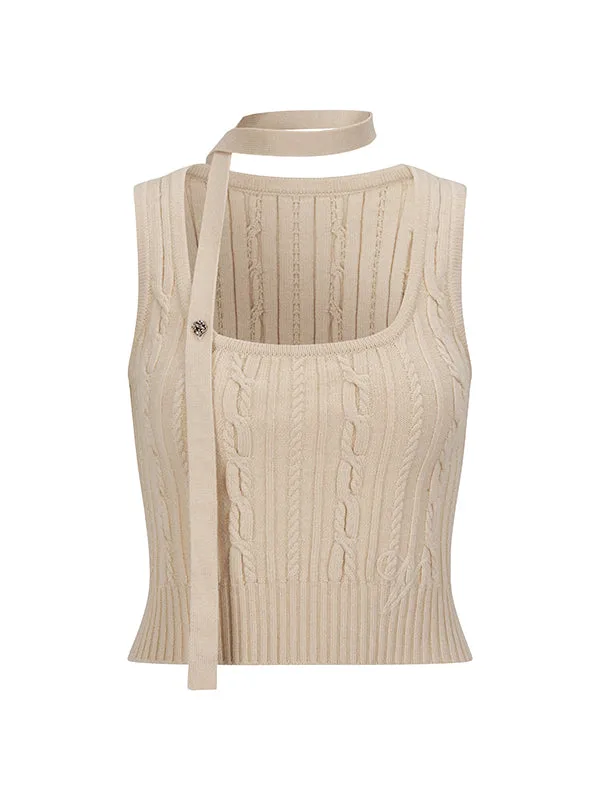 Black & Beige Ribbon Knit Tank Top