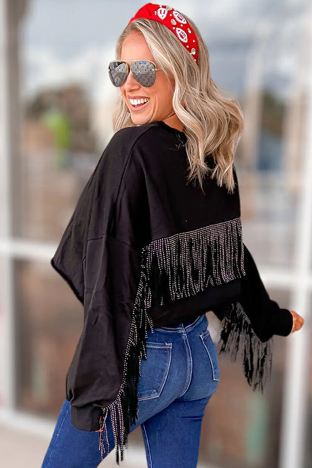 Black GAME DAY Rugby Sequin Tassel Cropped Sweatshirt