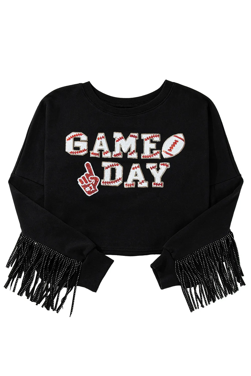 Black GAME DAY Rugby Sequin Tassel Cropped Sweatshirt