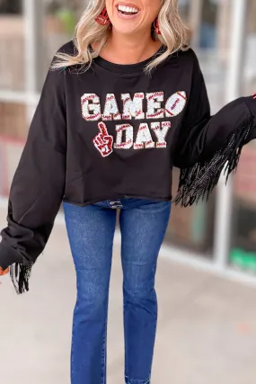 Black GAME DAY Rugby Sequin Tassel Cropped Sweatshirt