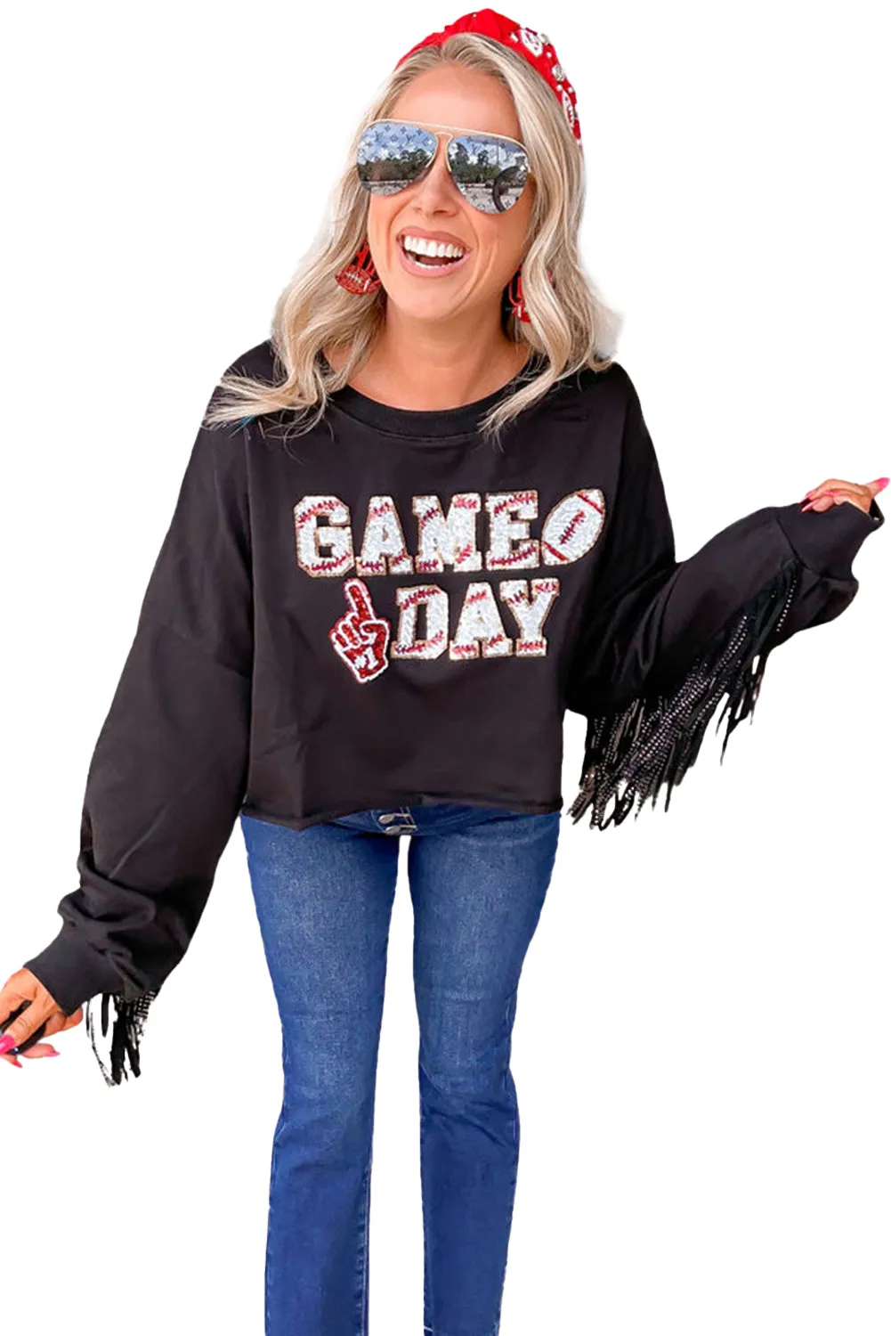 Black GAME DAY Rugby Sequin Tassel Cropped Sweatshirt