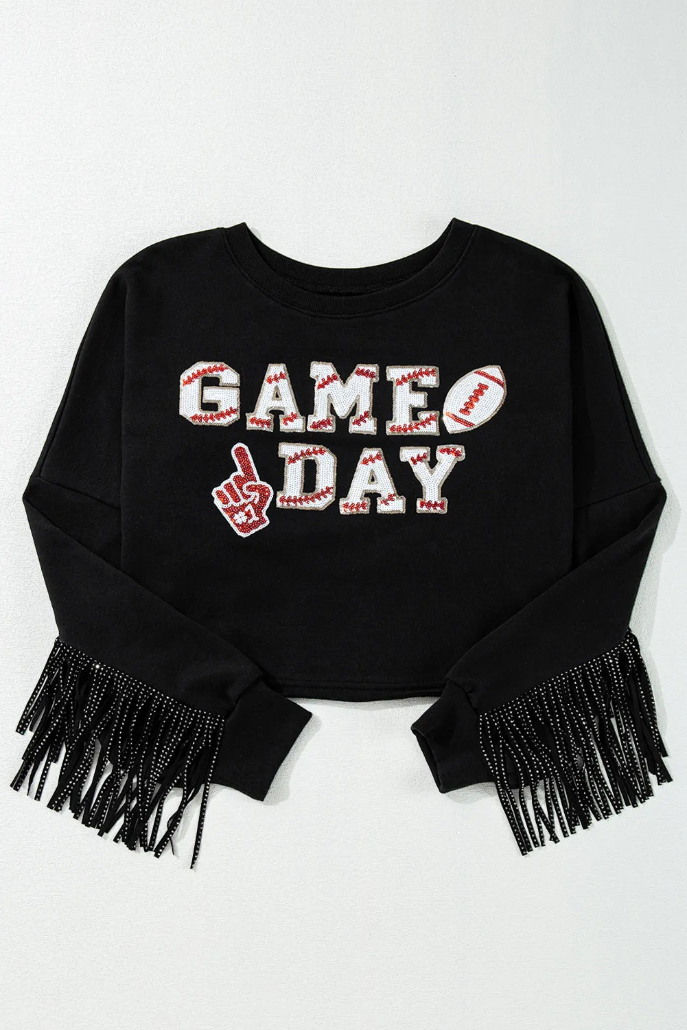 Black GAME DAY Rugby Sequin Tassel Cropped Sweatshirt