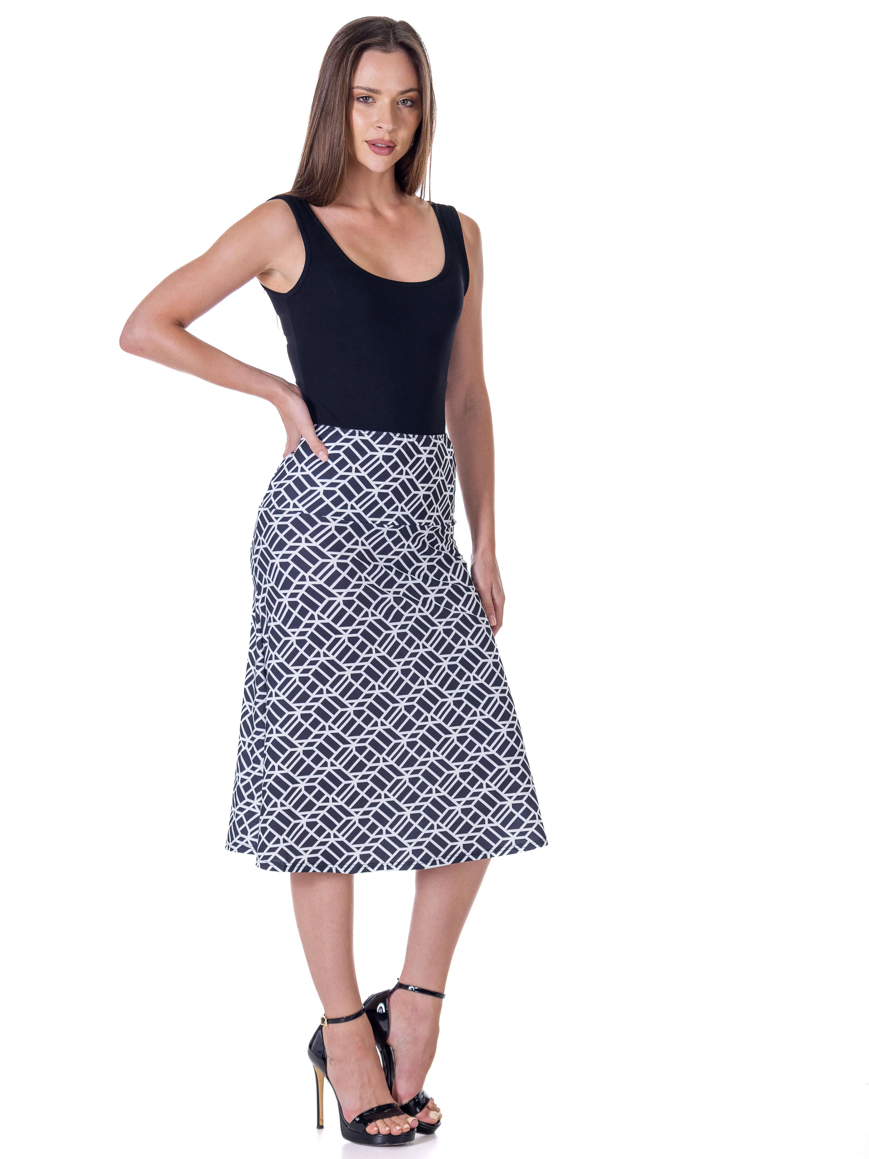 Black Geometric Print Comfortable Elastic Waist Knee Length Skirt