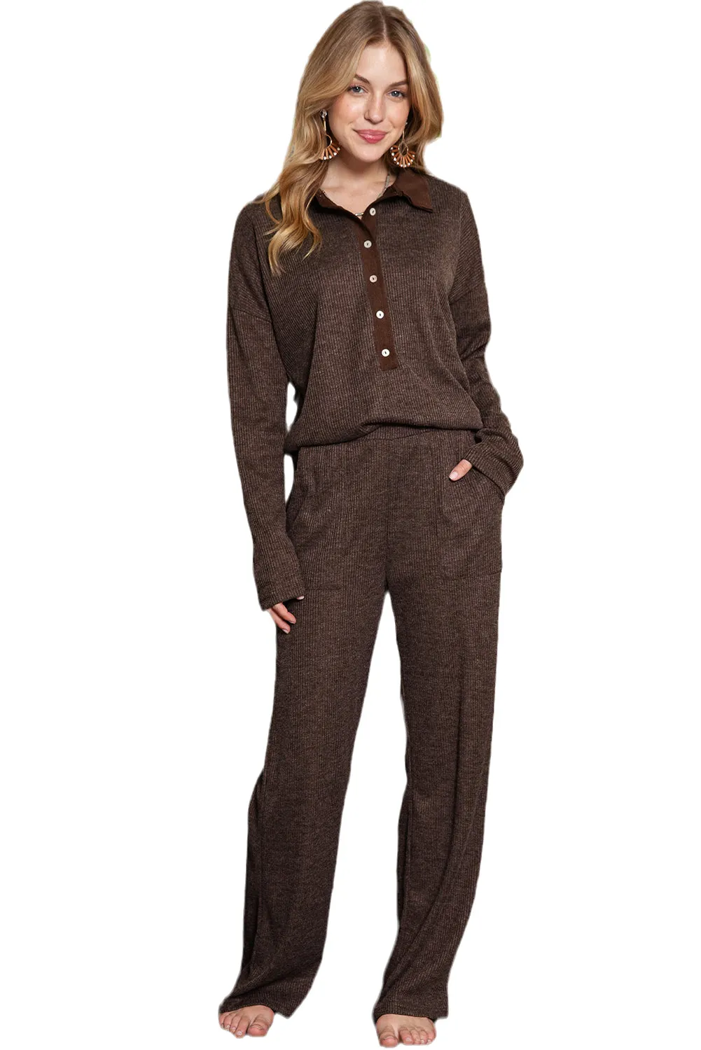 Black Ribbed Henley Shirt and Wide Leg Pants Loungewear Set