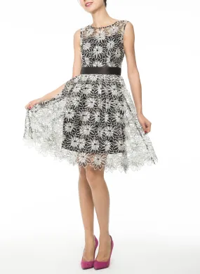 BLACK SLEEVELESS PLEATED SKIRT  DRESS WITH ALL OVER FLORAL LACE