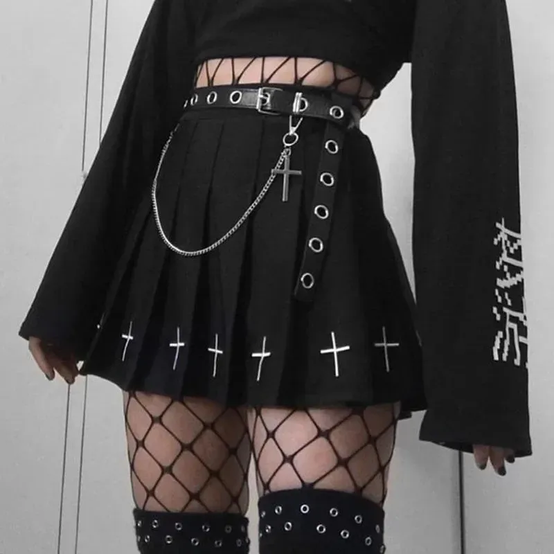 Black Vintage Print High Cross Pleated Streetwear Waist Gothic Skirt