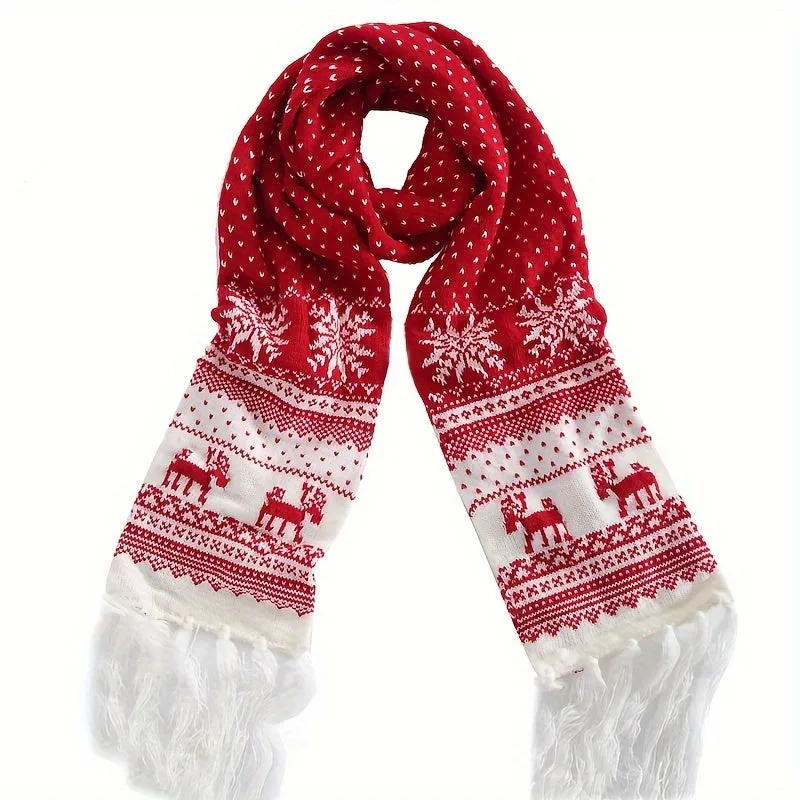 Black/Red Christmas Scarf, Cute Style Deer Snowflake Jacquard Knit Scarf, Winter Thick Warm Tassel Scarf