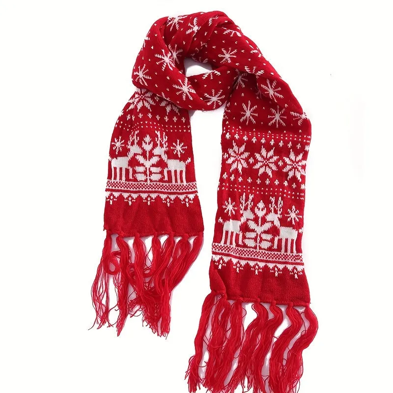 Black/Red Christmas Scarf, Cute Style Deer Snowflake Jacquard Knit Scarf, Winter Thick Warm Tassel Scarf