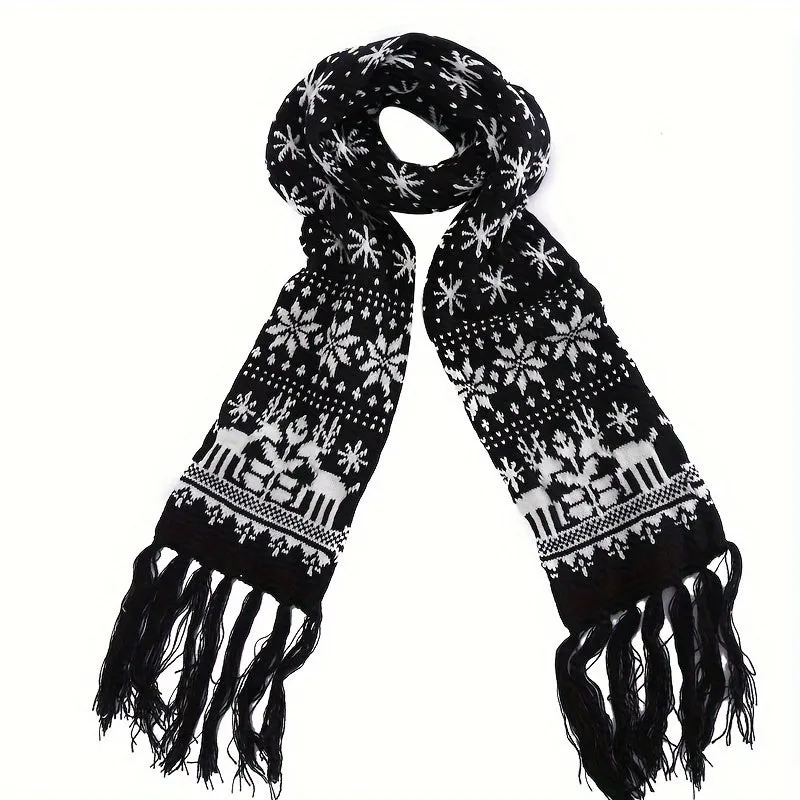 Black/Red Christmas Scarf, Cute Style Deer Snowflake Jacquard Knit Scarf, Winter Thick Warm Tassel Scarf