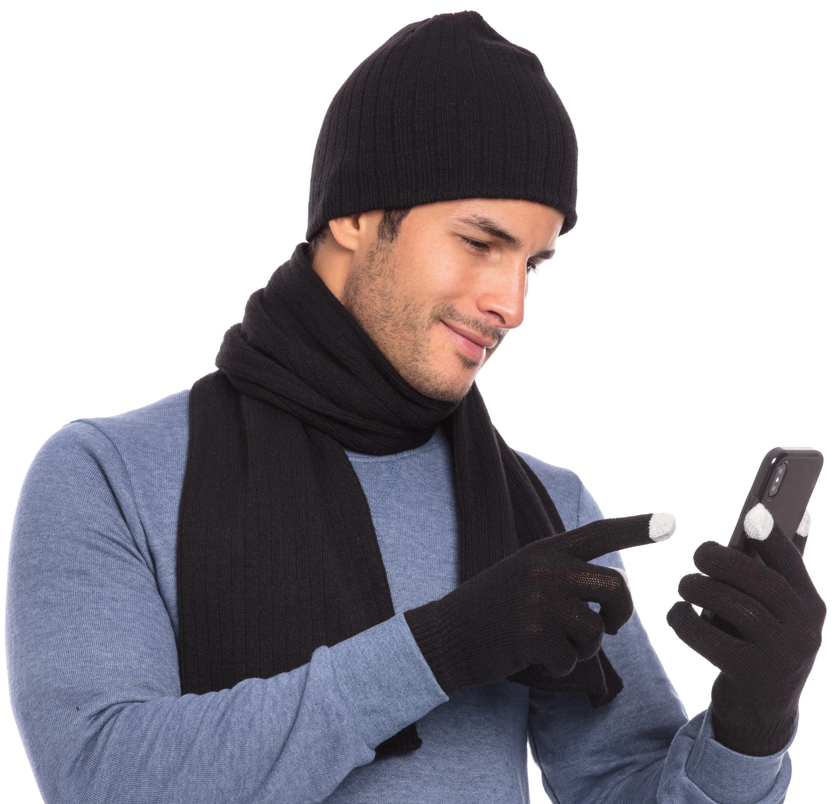 Casaba Winter 3 Piece Set Beanie Hat Scarf Touchscreen Gloves Cable Knit for Men Women