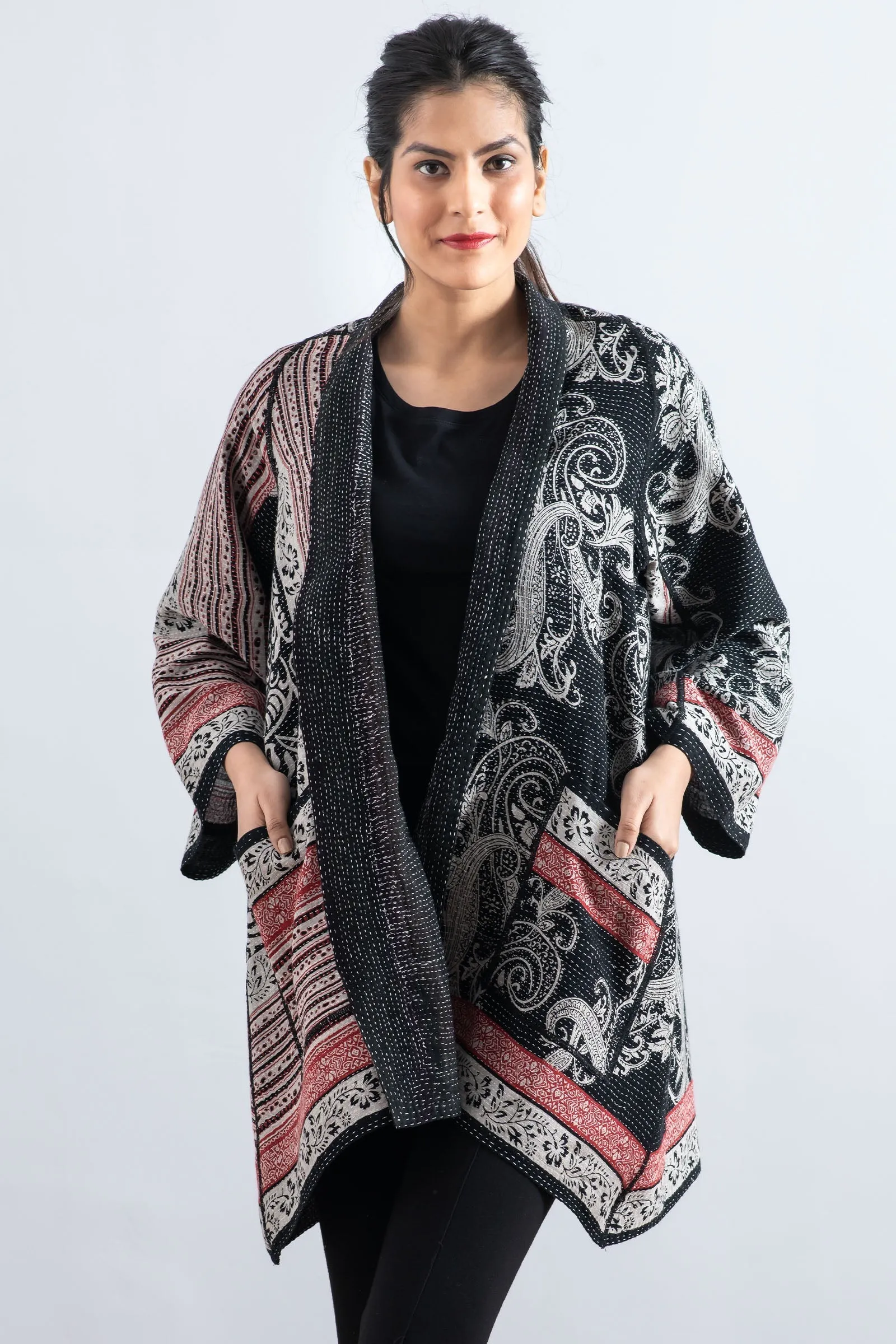 COTTON PAISLEY KANTHA A-LINE JKT - cp2003-blk -