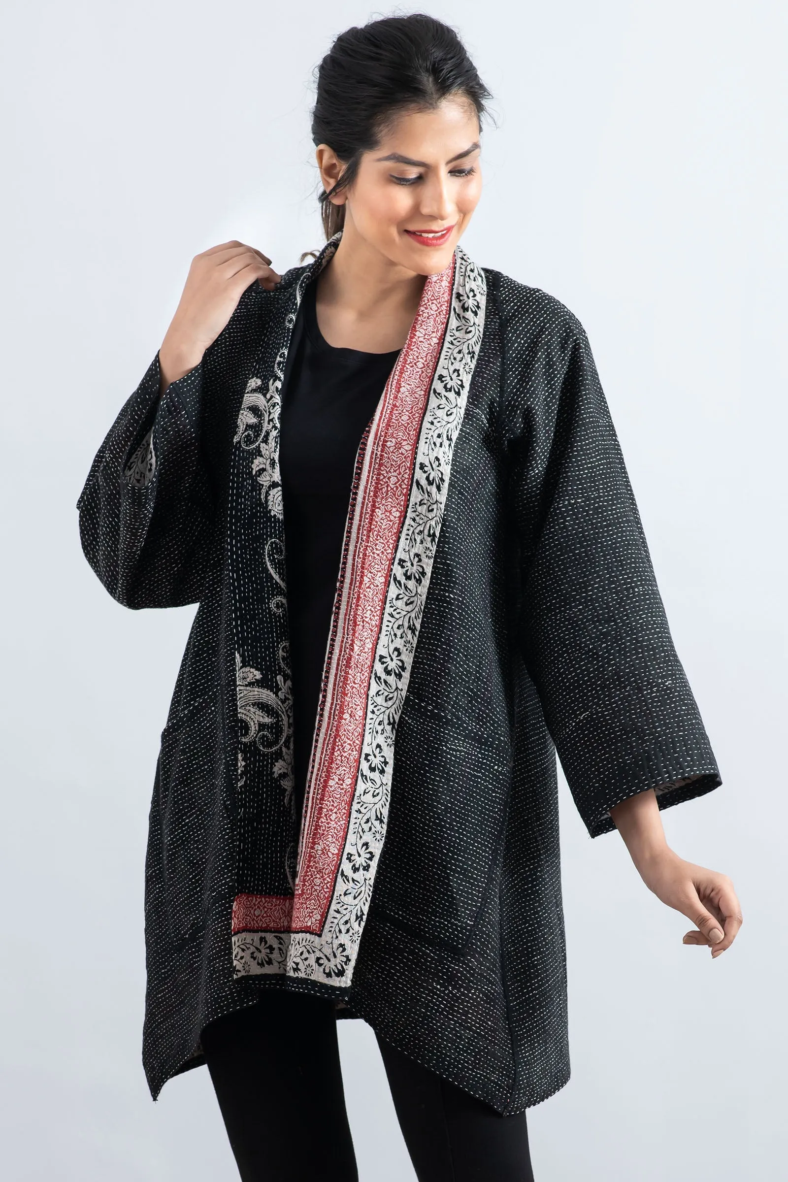 COTTON PAISLEY KANTHA A-LINE JKT - cp2003-blk -