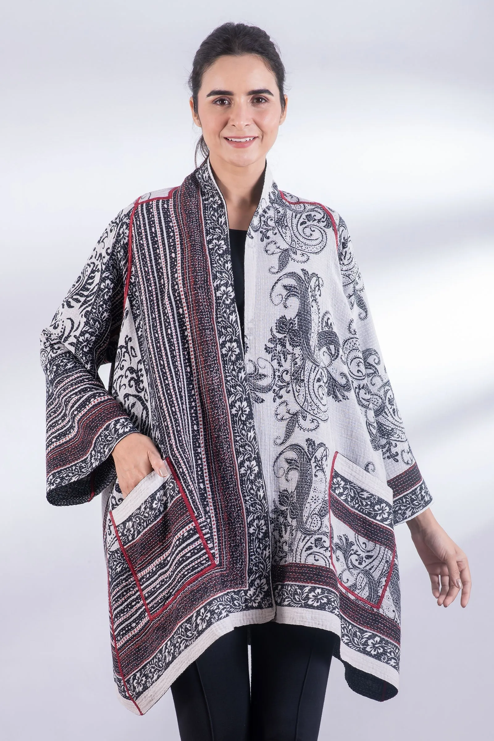 COTTON PAISLEY KANTHA A-LINE JKT - cp2003-wht -