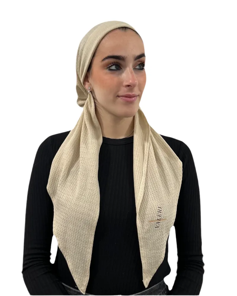 Cream Beige Eyelet Knit Pre-Tied Bandanna with Full Grip