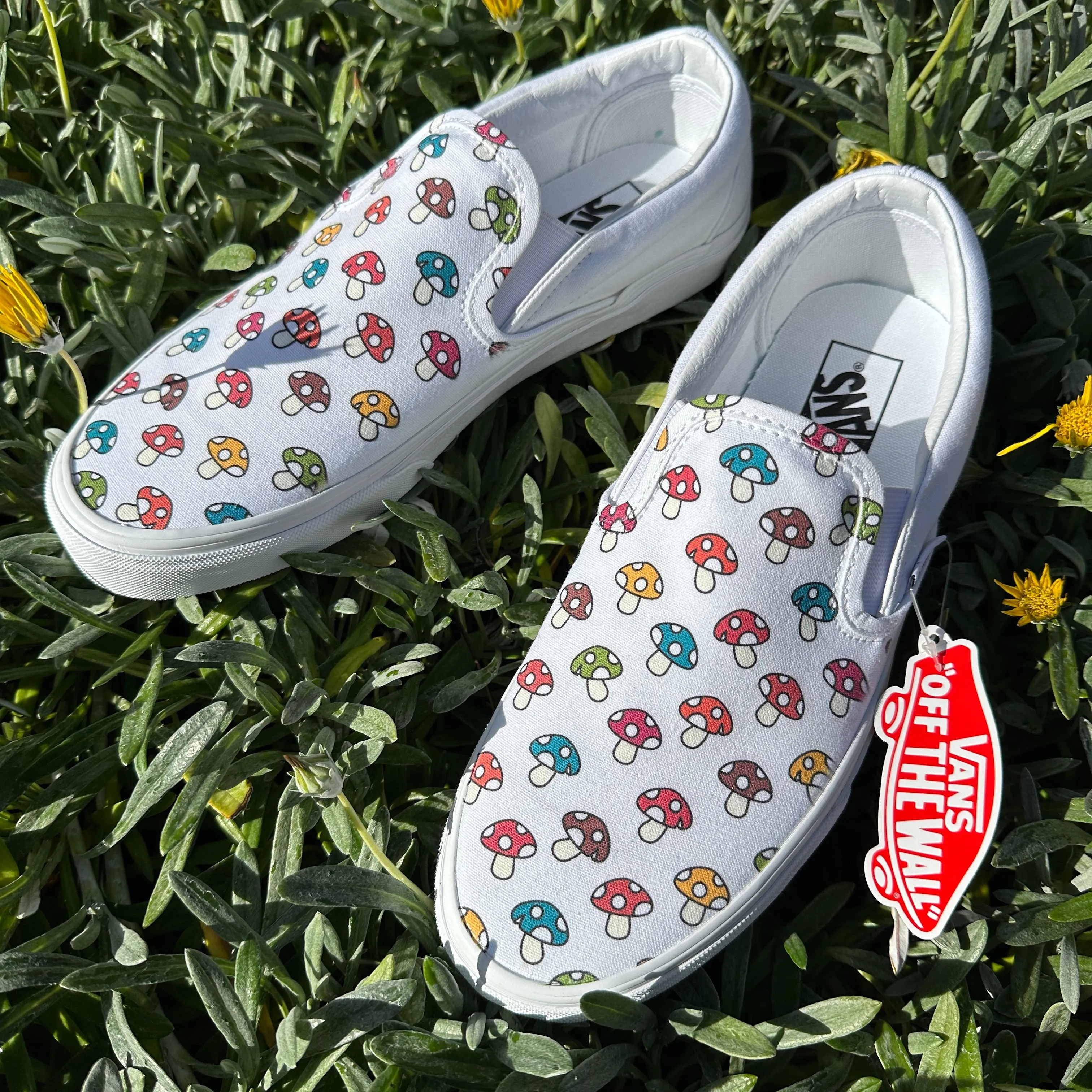 Custom Vans Mushy Mushroom - White Slip On Shoes - Custom Vans Shoes