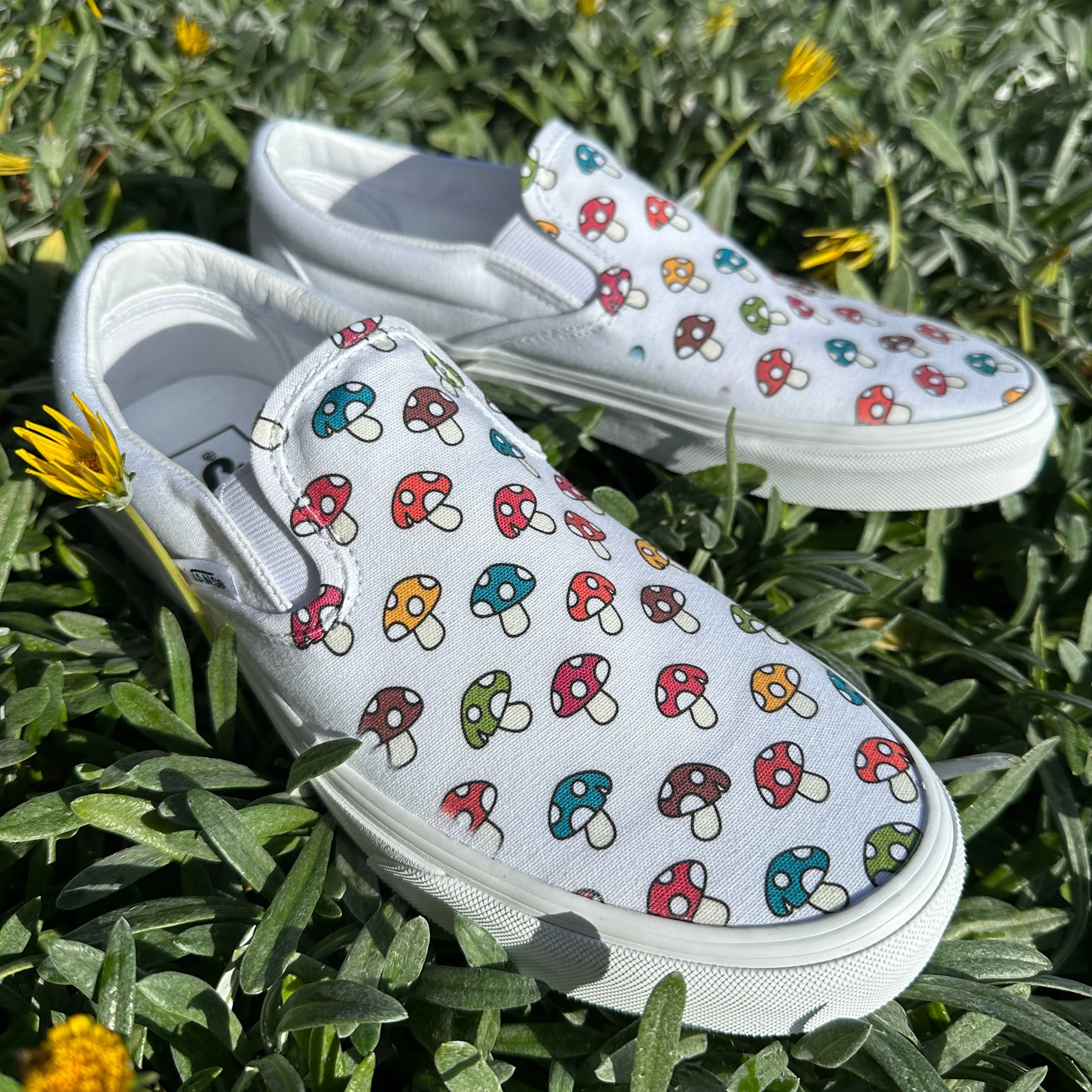 Custom Vans Mushy Mushroom - White Slip On Shoes - Custom Vans Shoes