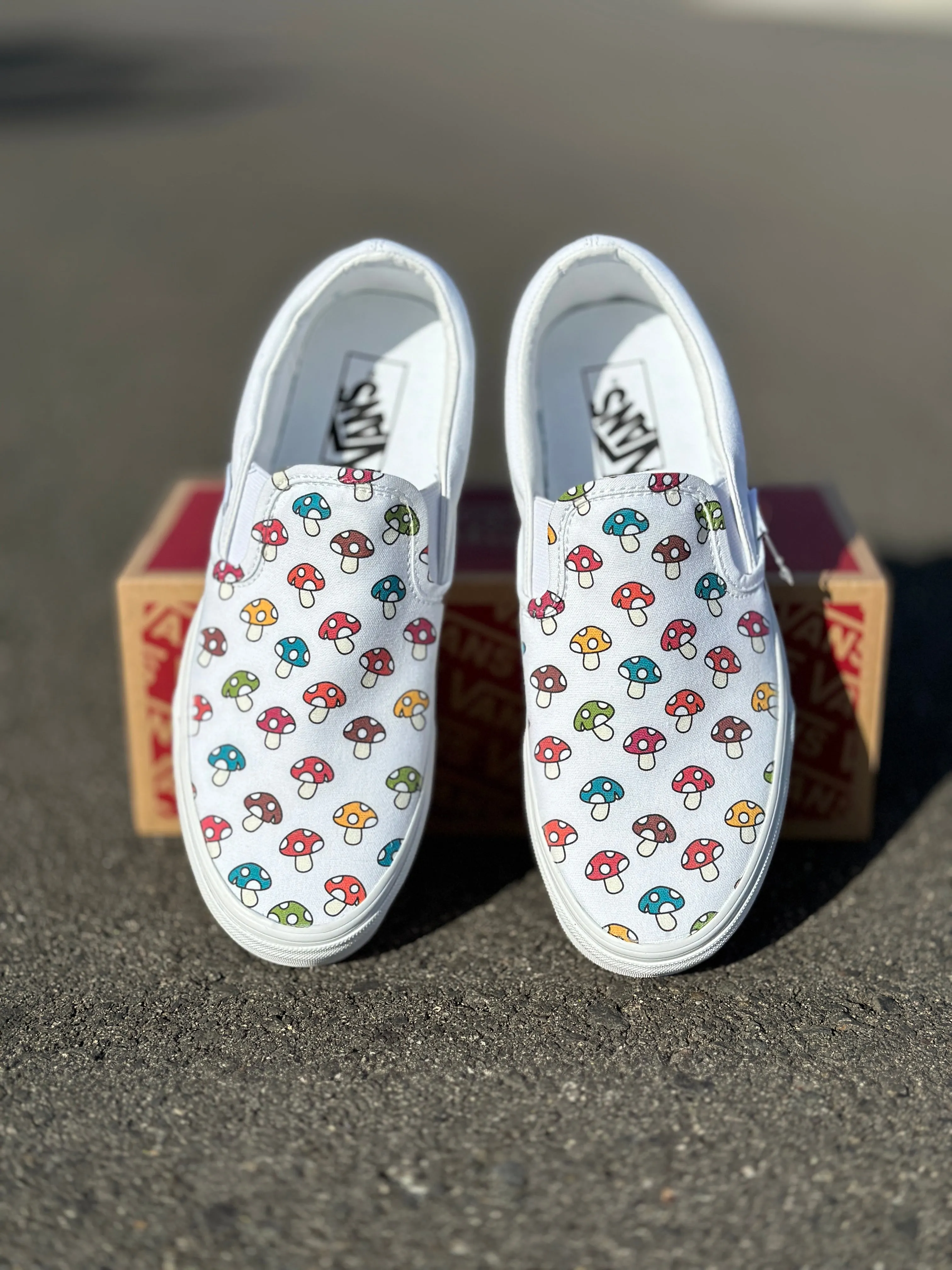 Custom Vans Mushy Mushroom - White Slip On Shoes - Custom Vans Shoes