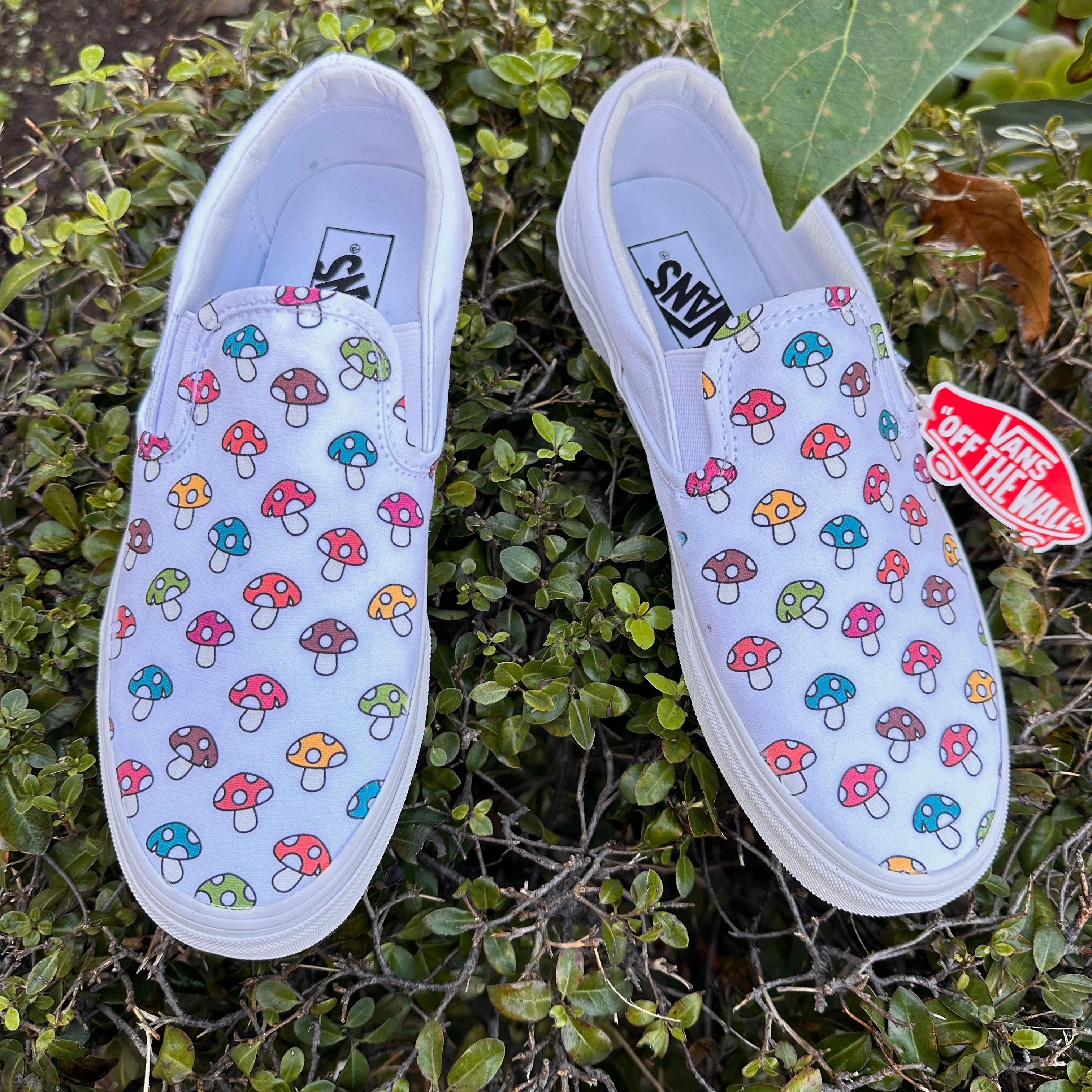 Custom Vans Mushy Mushroom - White Slip On Shoes - Custom Vans Shoes