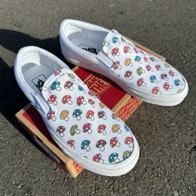 Custom Vans Mushy Mushroom - White Slip On Shoes - Custom Vans Shoes