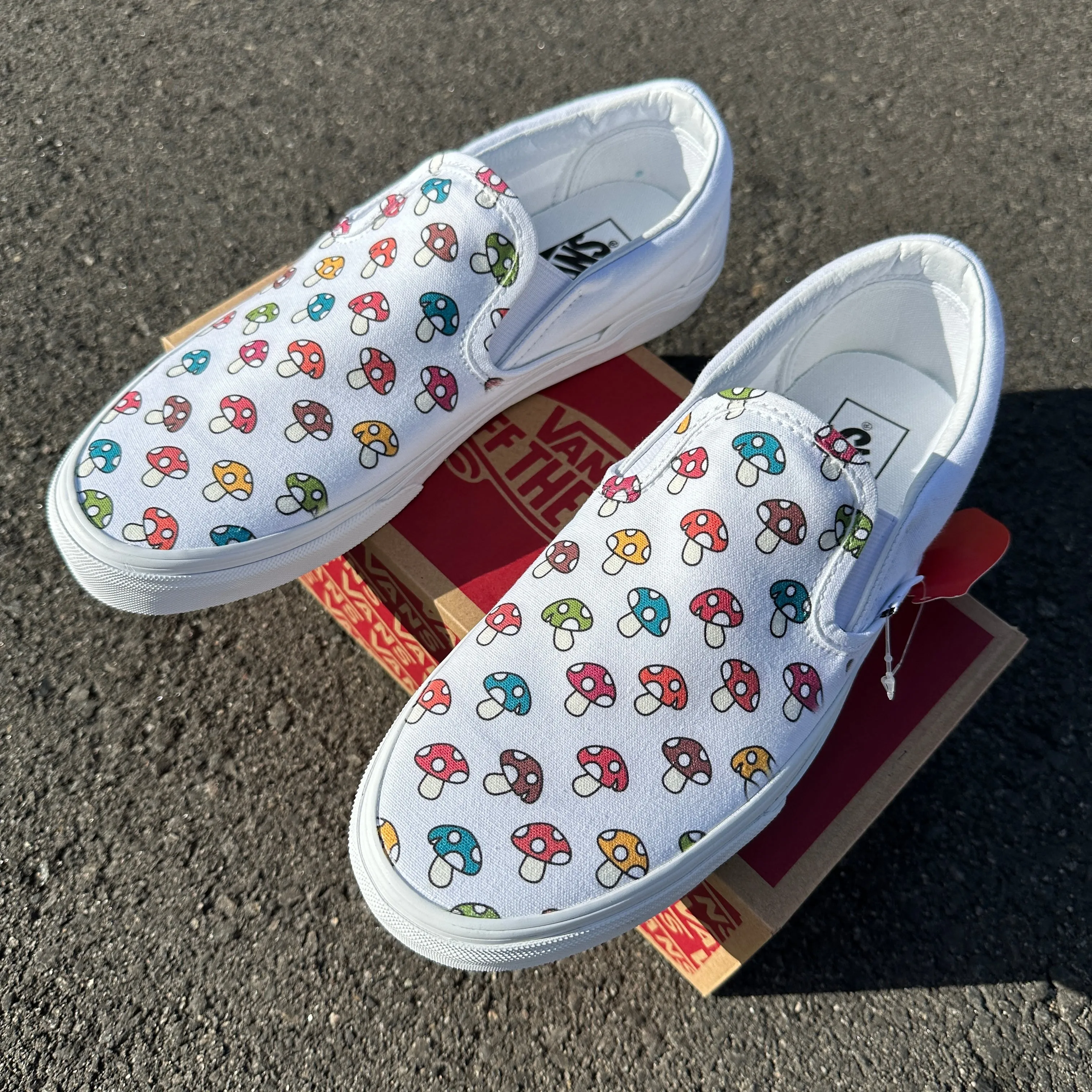 Custom Vans Mushy Mushroom - White Slip On Shoes - Custom Vans Shoes