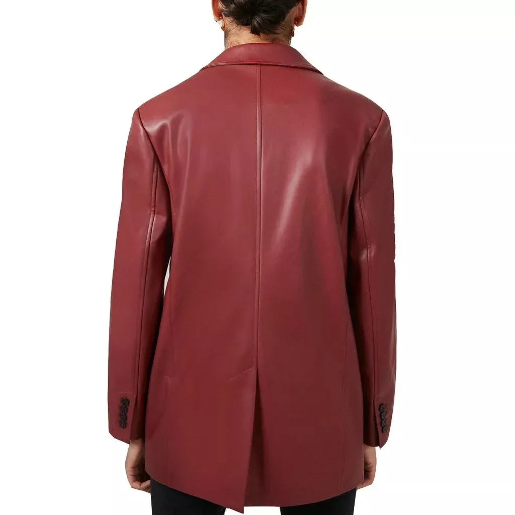 Dark Red Leather Blazer For Women