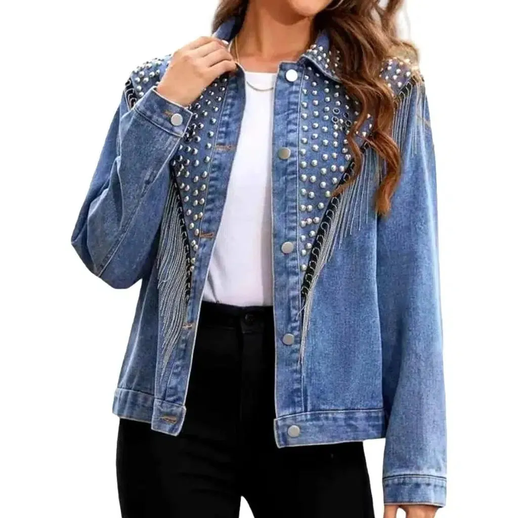 Embellished light-wash denim jacket