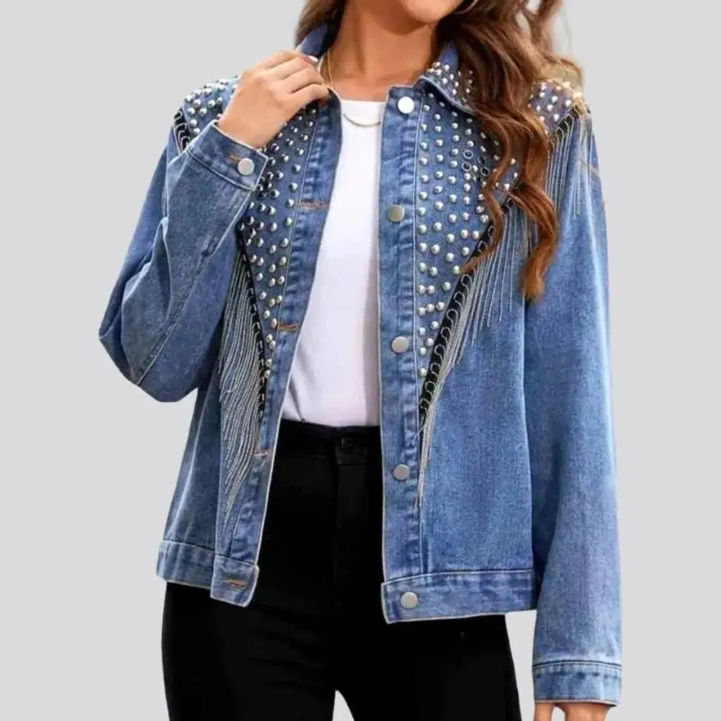 Embellished light-wash denim jacket