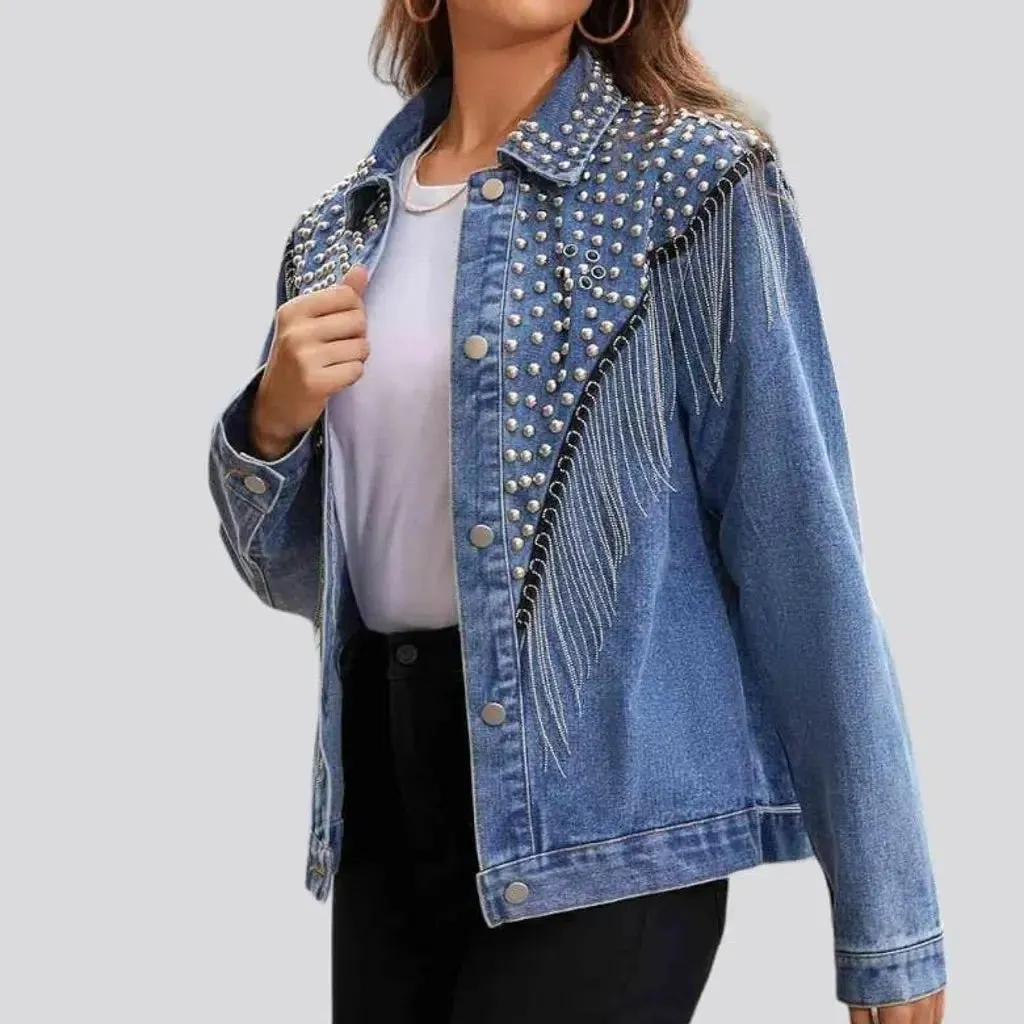 Embellished light-wash denim jacket