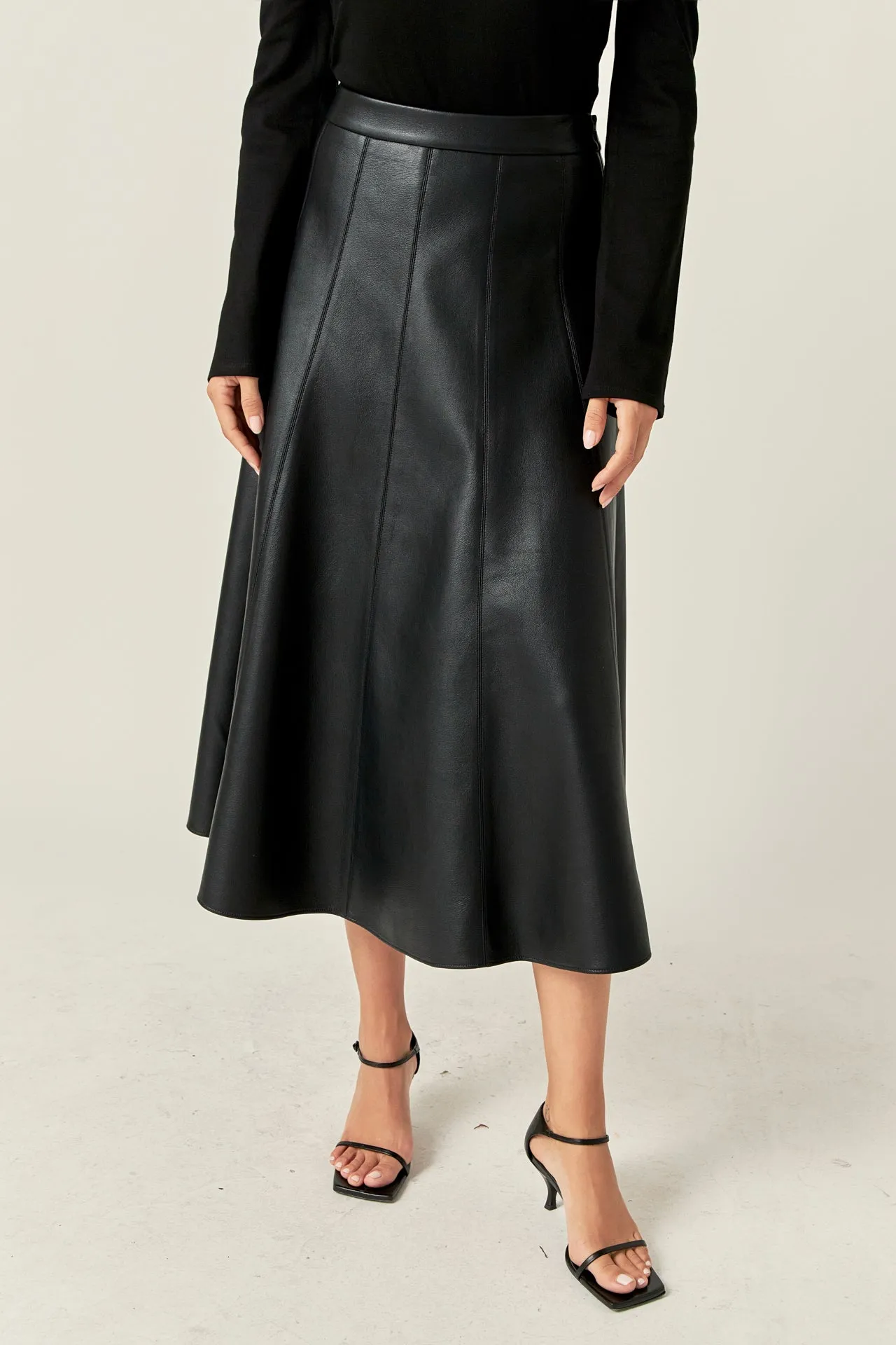 English Factory - Flare Faux Leather Midi Skirt