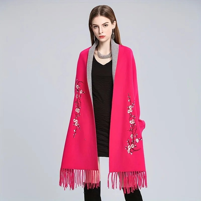 Exquisite Plum Blossom Embroidered Shawl Scarf - Reversible Solid Color with Tassel Detail - Luxurious Cape-Style Knit Wrap for Ultimate Warmth & Windproof Style - 1 Complimentary Brooch Included