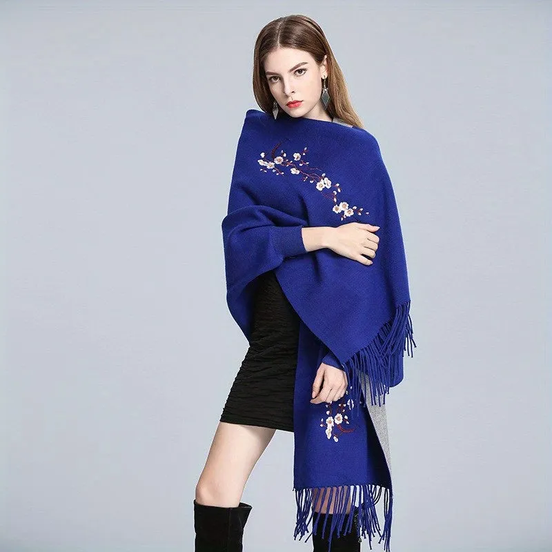 Exquisite Plum Blossom Embroidered Shawl Scarf - Reversible Solid Color with Tassel Detail - Luxurious Cape-Style Knit Wrap for Ultimate Warmth & Windproof Style - 1 Complimentary Brooch Included