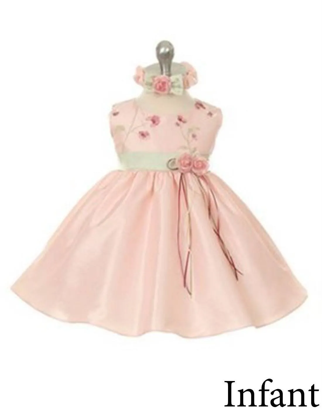 Floral Patterned Bodice and Satin Skirt Dress - Pink / Sage Green