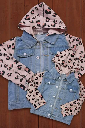 GIRL'S LEOPARD PRINT SLEEVE DENIM JACKET