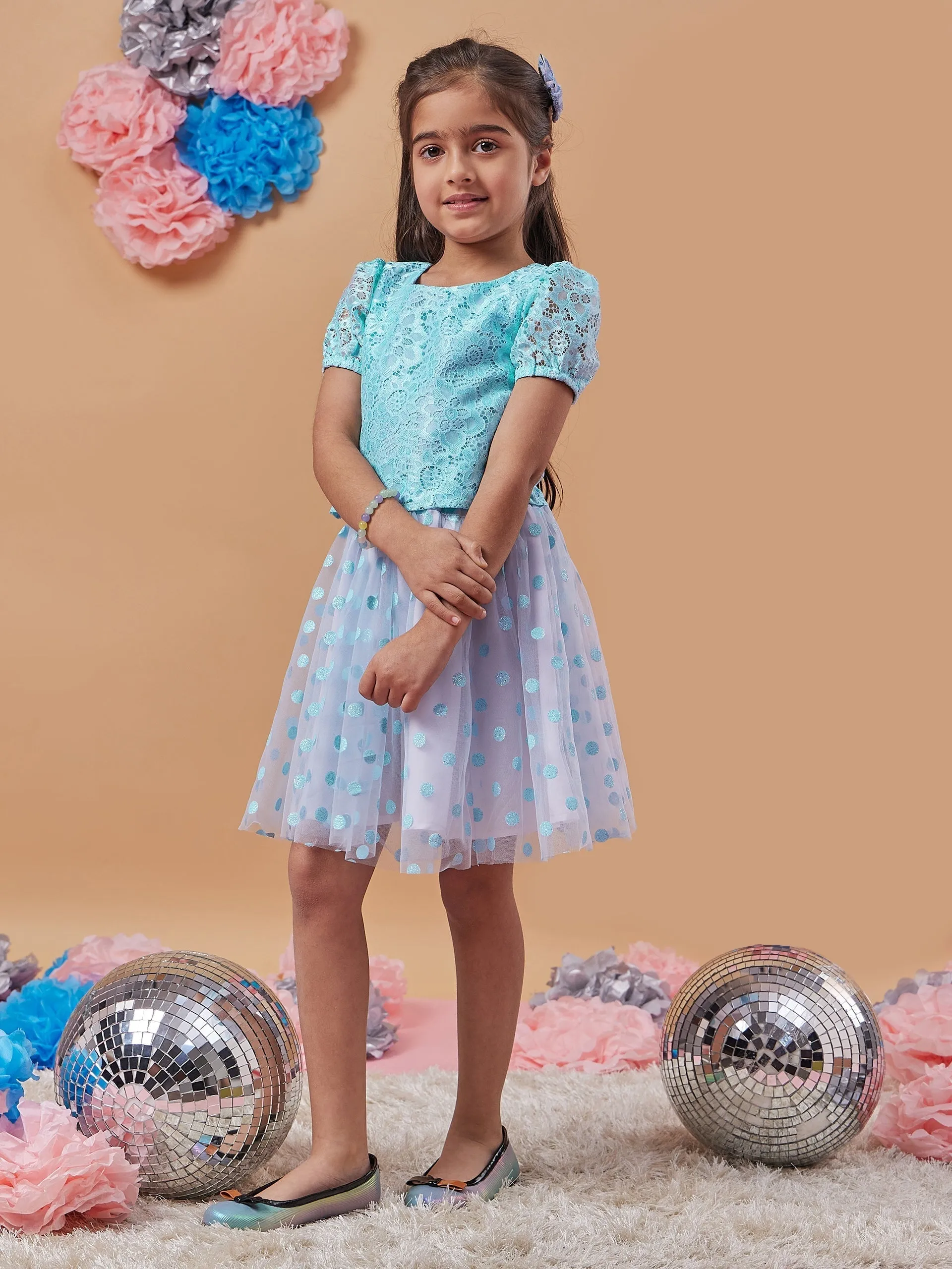 Girls Self Design Top With Skirt - PS Peaches