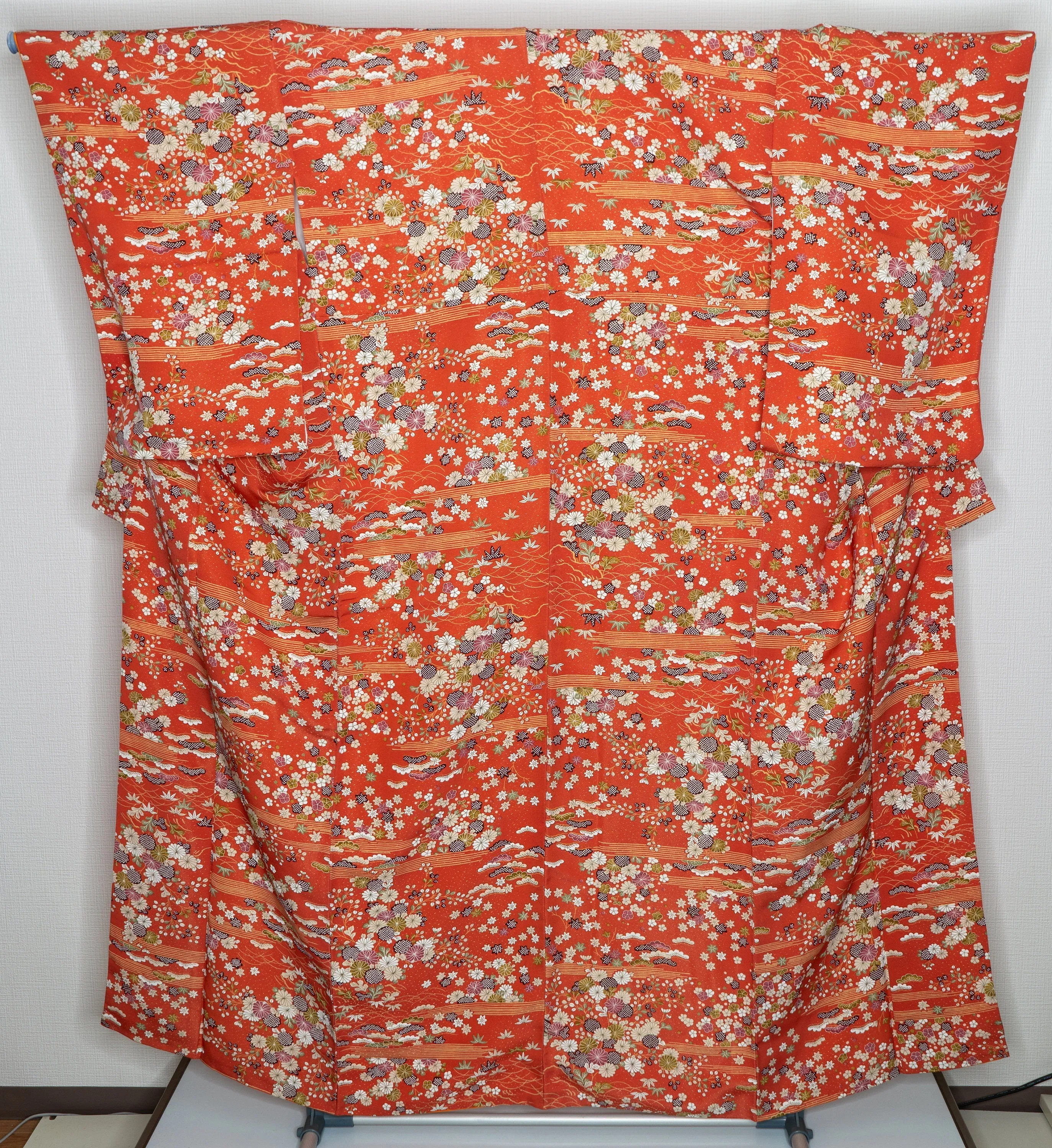 Gorgeous Floral Edo Komon Kimono Orange Chrysanthemum Plum Cherry Blossoms Flowers