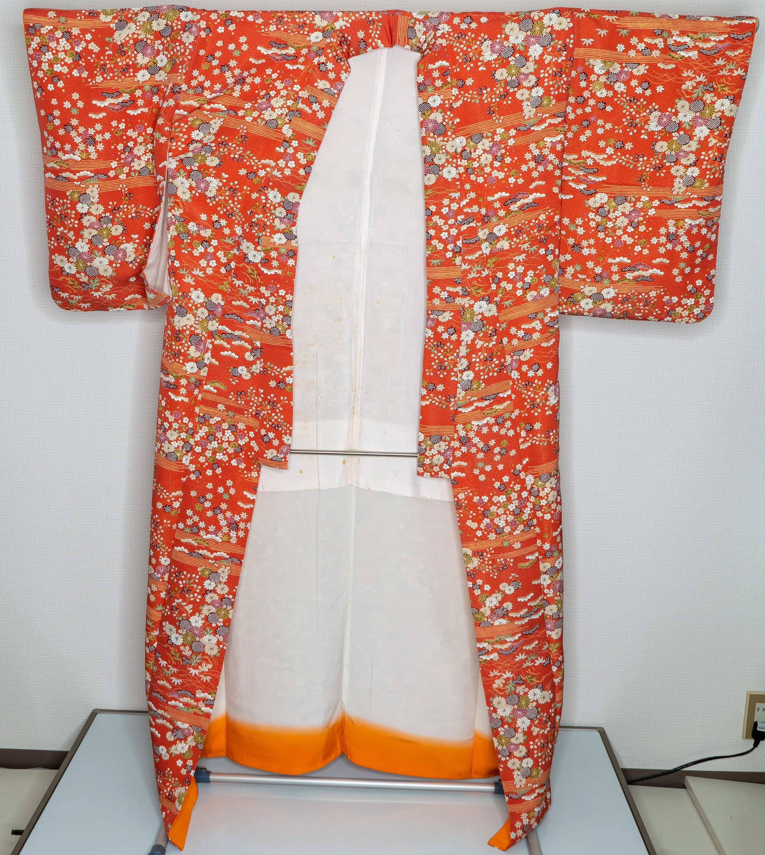 Gorgeous Floral Edo Komon Kimono Orange Chrysanthemum Plum Cherry Blossoms Flowers