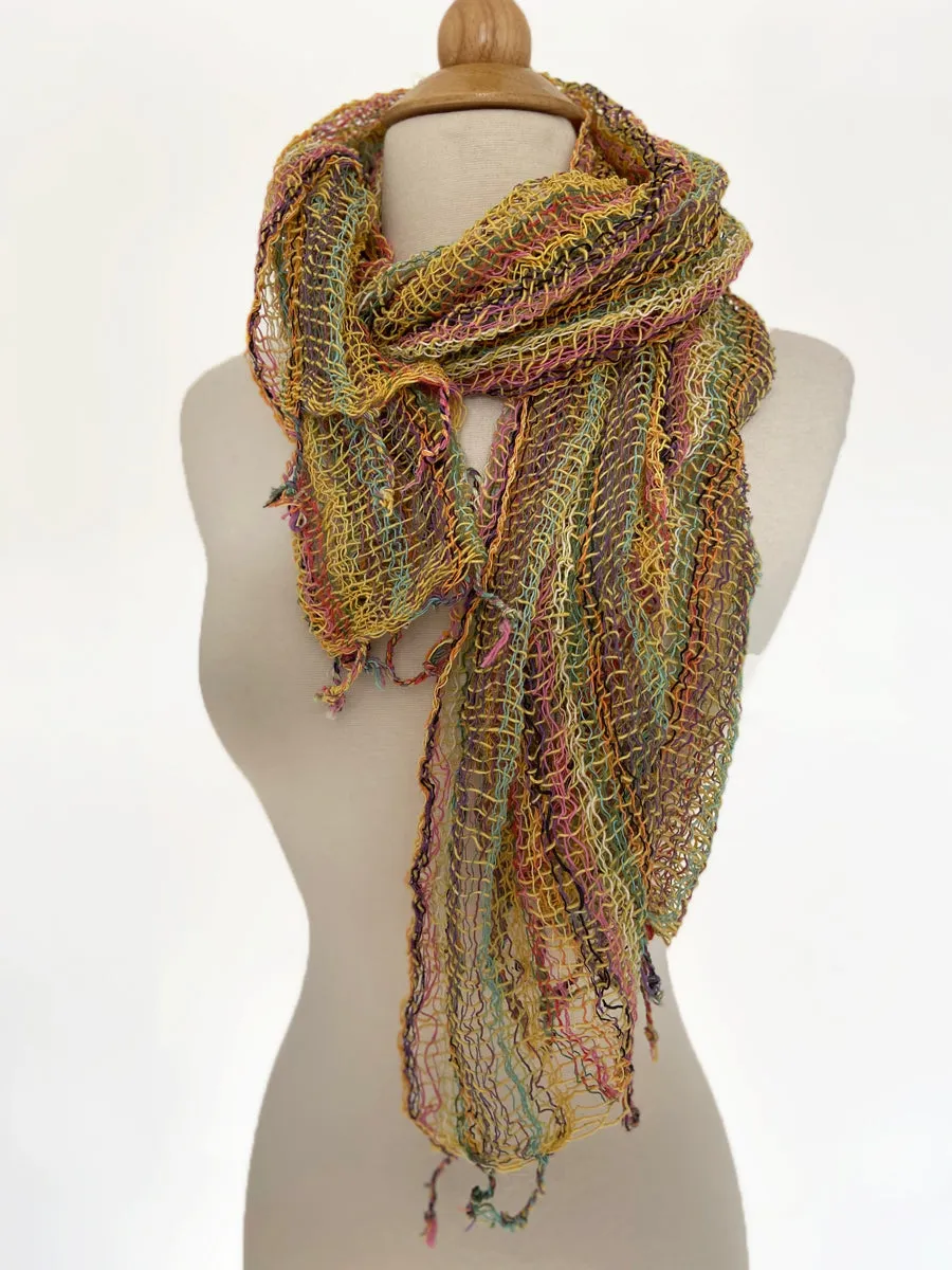 Handwoven Open Weave Cotton Scarf - Multicolor Yellow