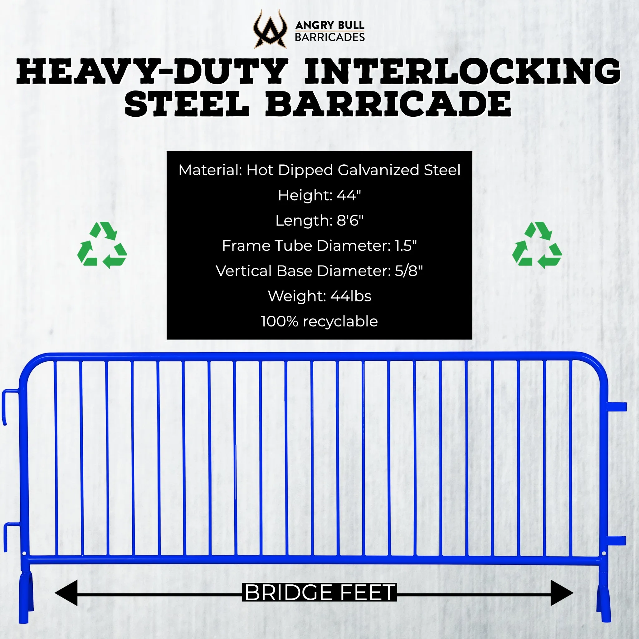 Heavy Duty Interlocking Steel Barricade, 8.5 Ft. - Angry Bull Barricades