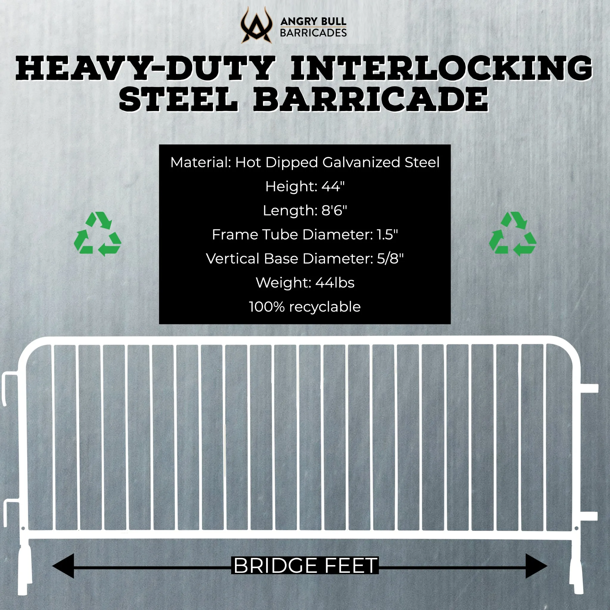 Heavy Duty Interlocking Steel Barricade, 8.5 Ft. - Angry Bull Barricades