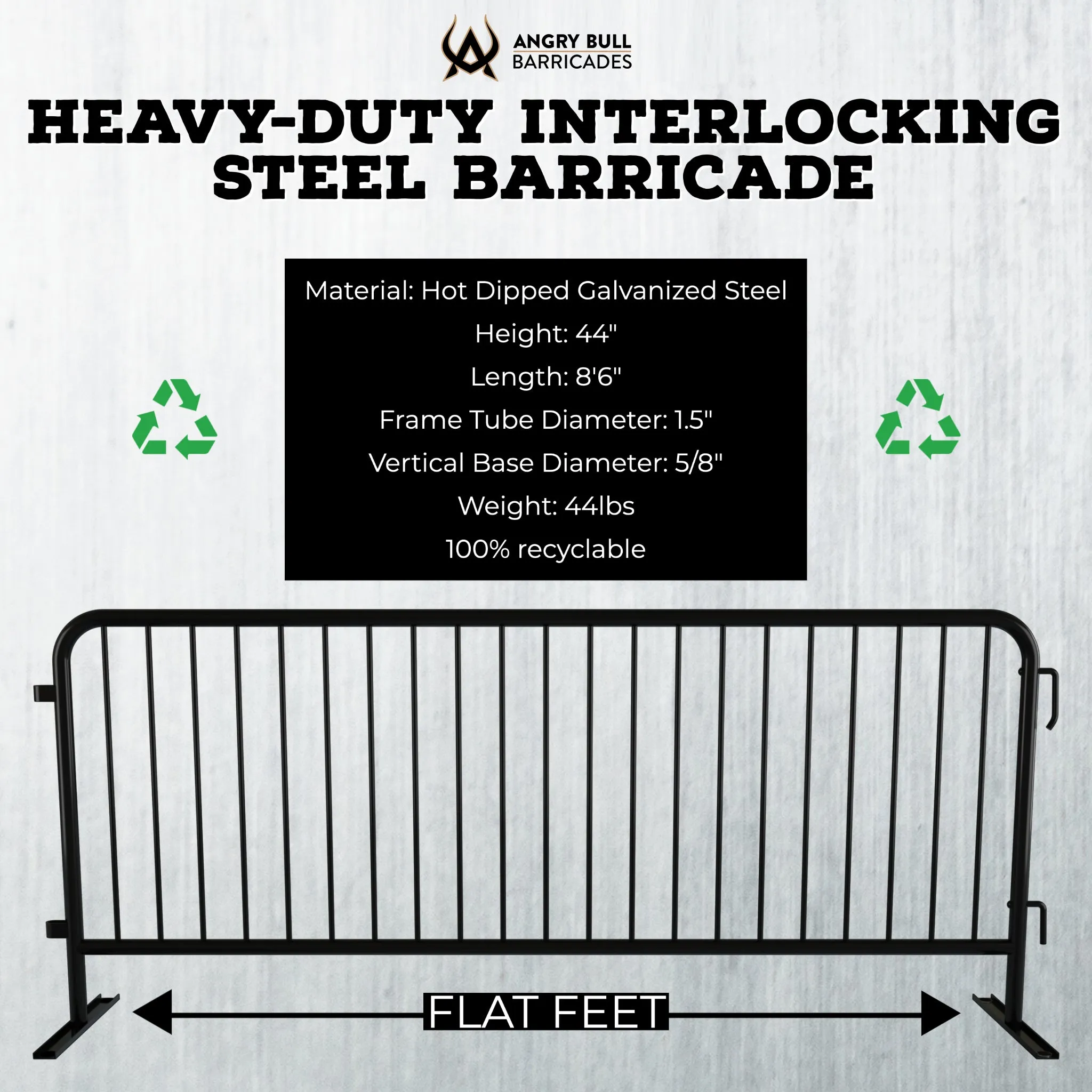 Heavy Duty Interlocking Steel Barricade, 8.5 Ft. - Angry Bull Barricades