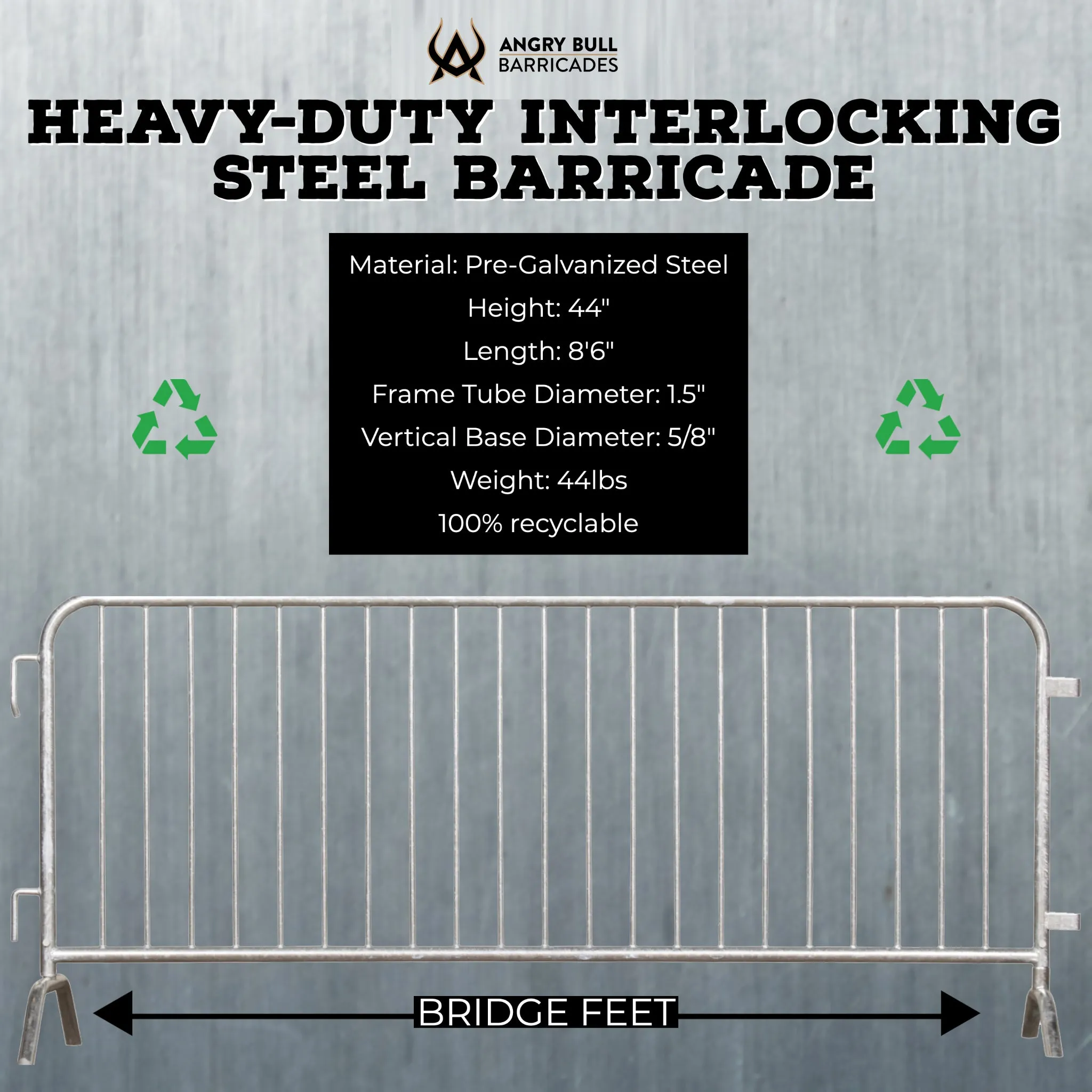 Heavy Duty Interlocking Steel Barricade, 8.5 Ft. - Angry Bull Barricades