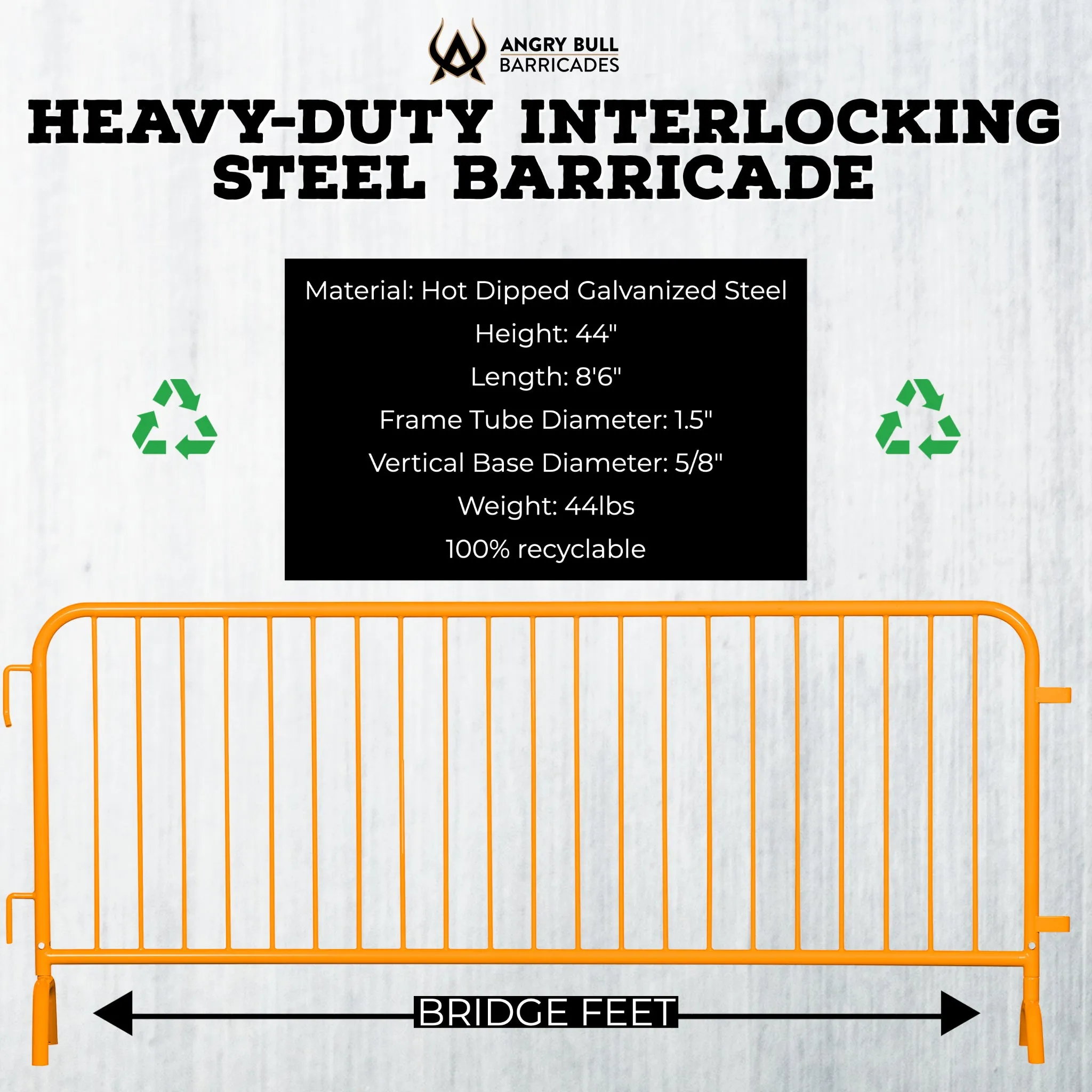 Heavy Duty Interlocking Steel Barricade, 8.5 Ft. - Angry Bull Barricades