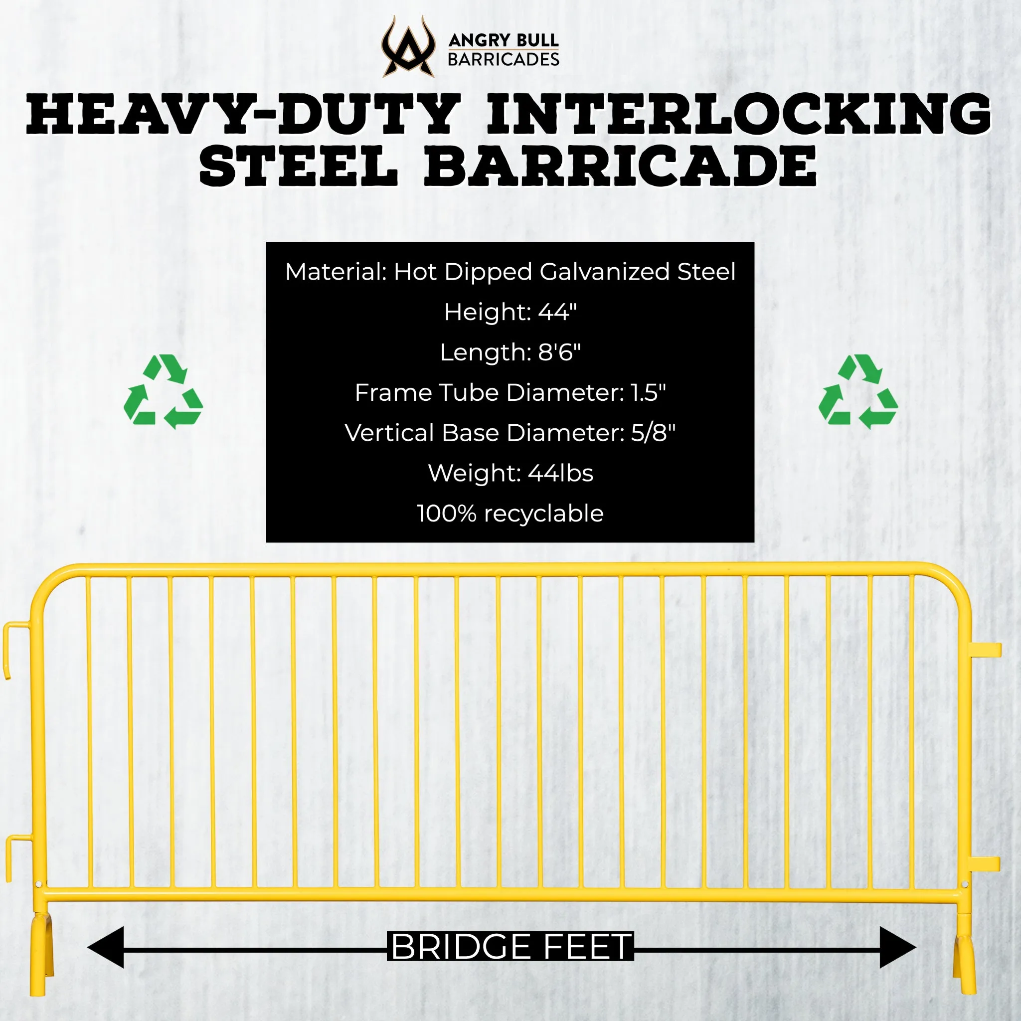 Heavy Duty Interlocking Steel Barricade, 8.5 Ft. - Angry Bull Barricades