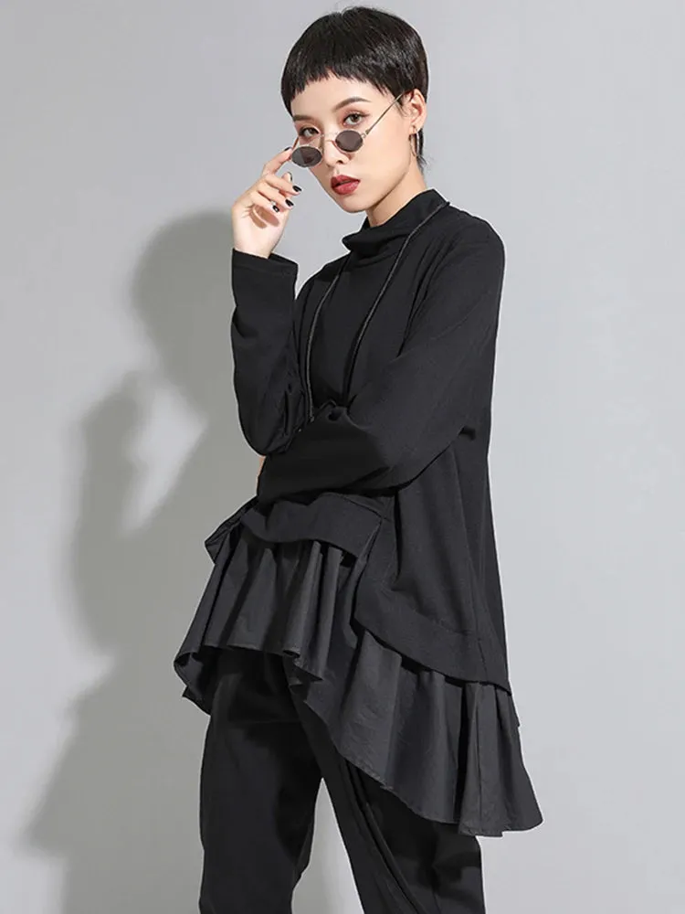 HEYFANCYSTYLE Black Asymmetrical Ruffles Shirt