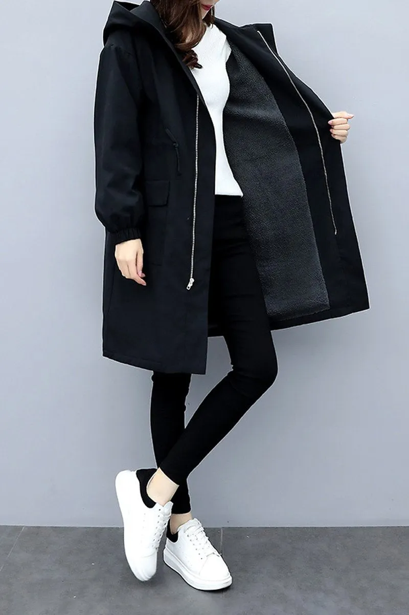 Hooded Long Jacket with Velvet Lining