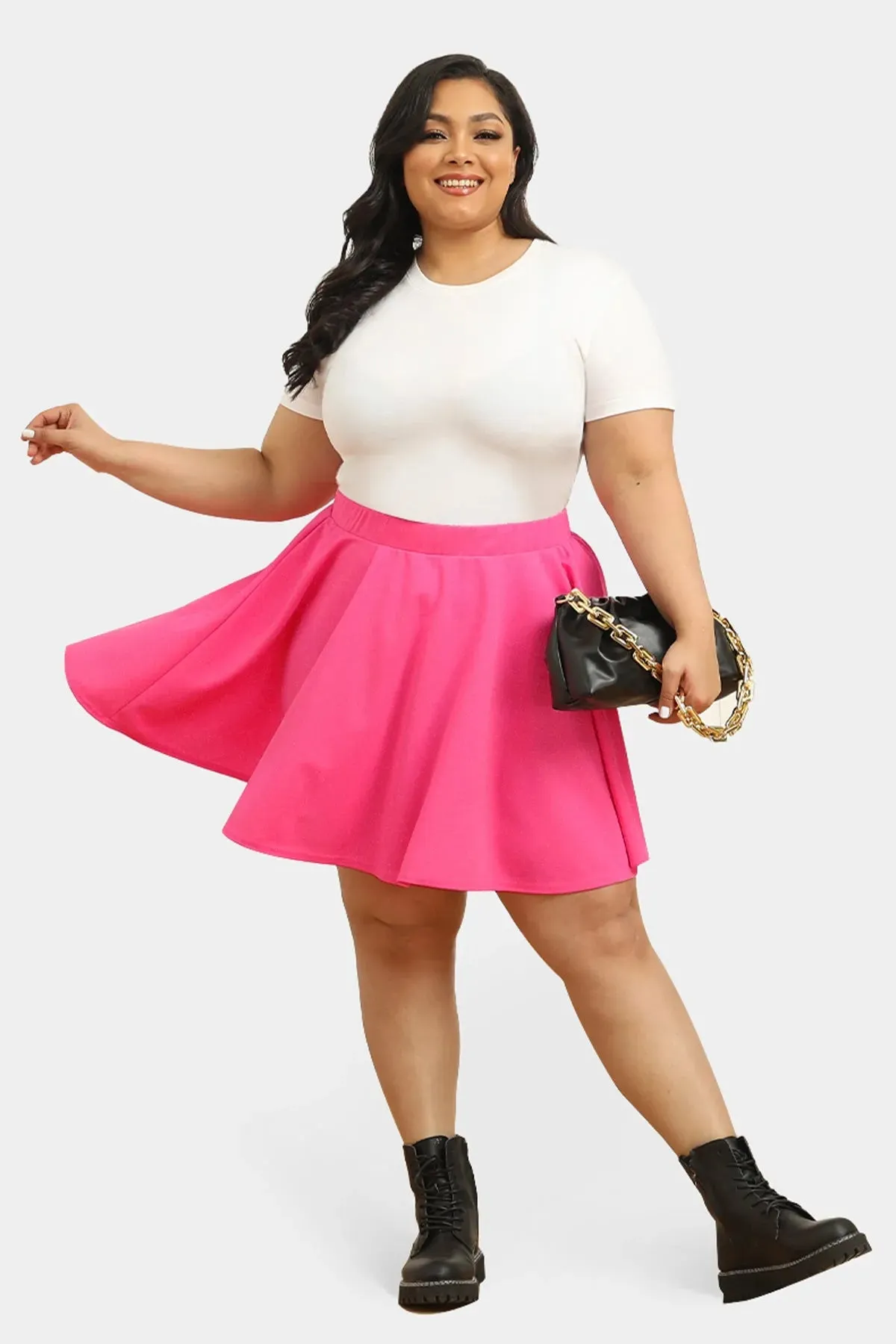 Hot Pink Pleated Elastic Waist Mini Skirt