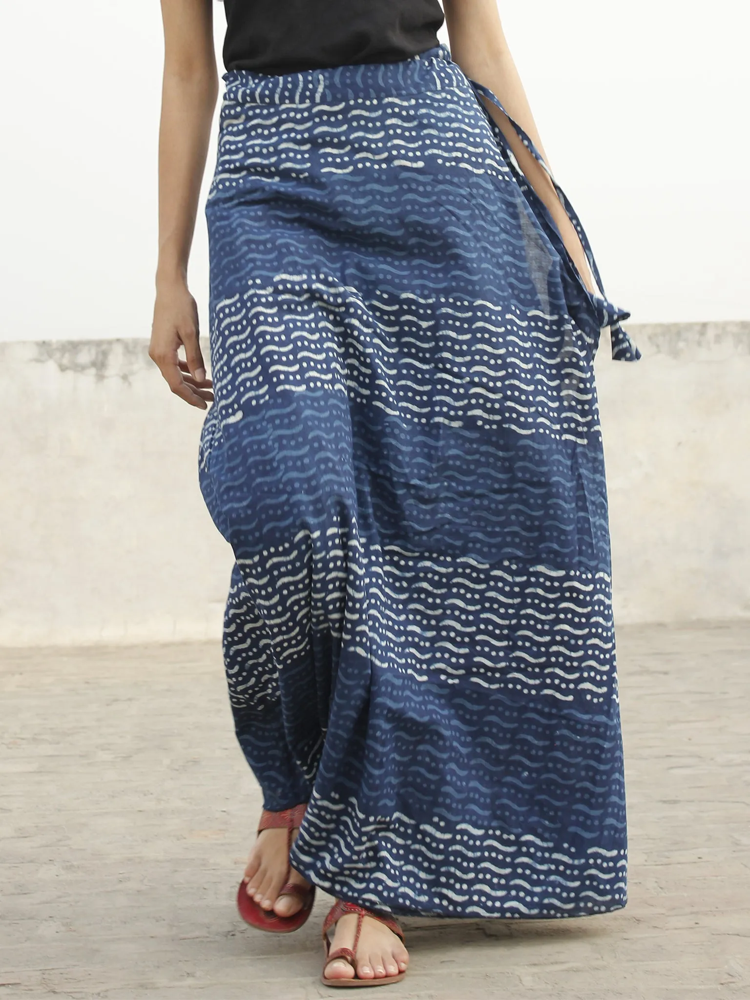 Indigo Ivory Hand Block Printed Wrap Around Skirt  - S40F138