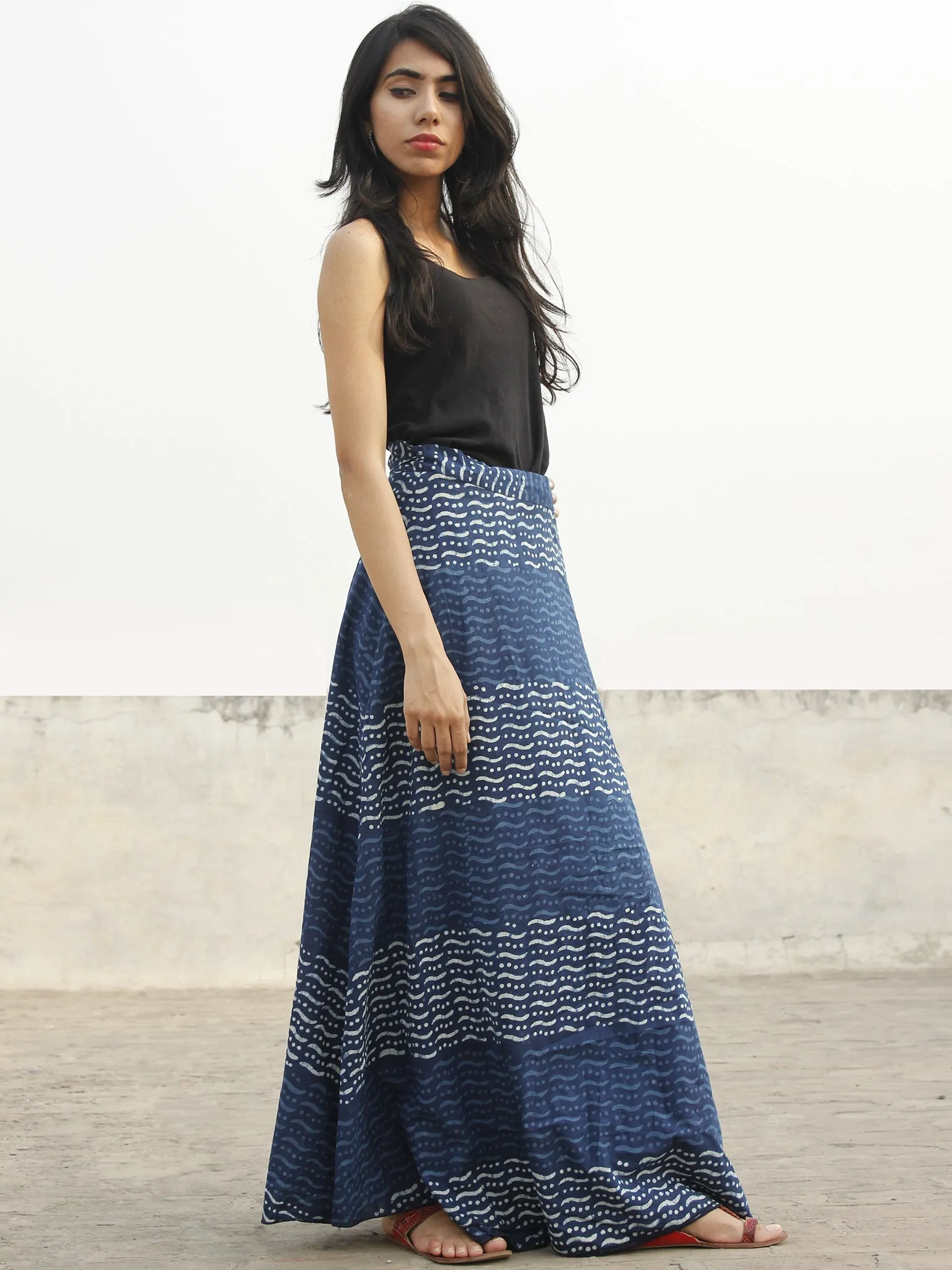 Indigo Ivory Hand Block Printed Wrap Around Skirt  - S40F138