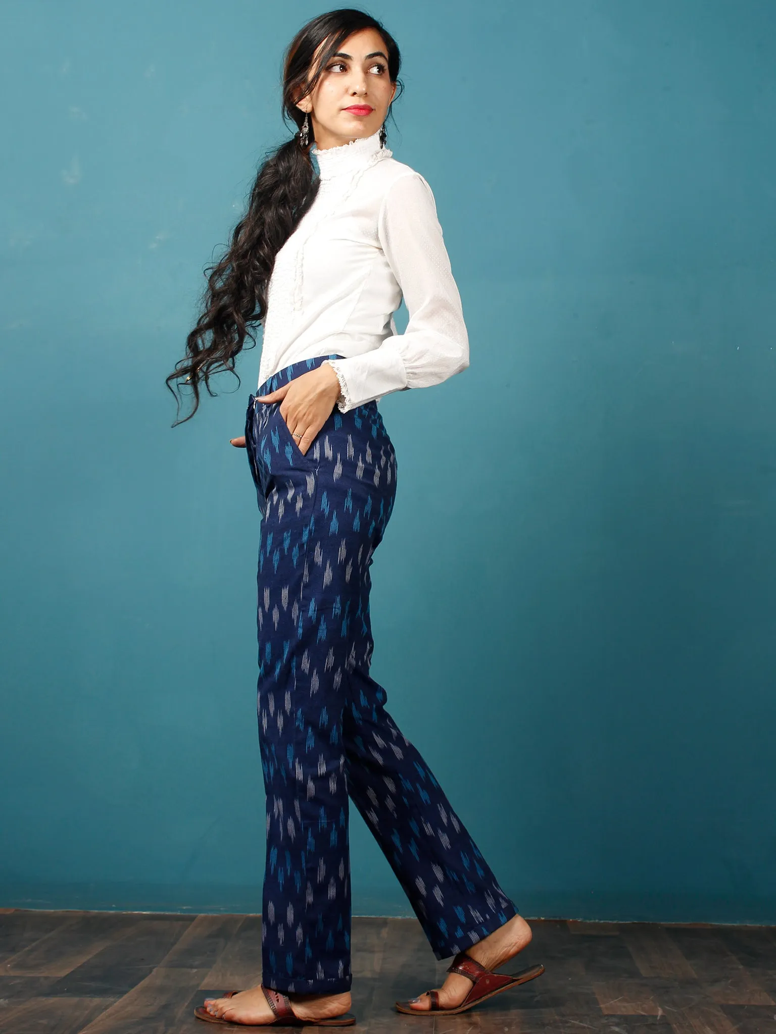 Indigo Sky Blue Gery Hand Woven Ikat Trousers - T032F939