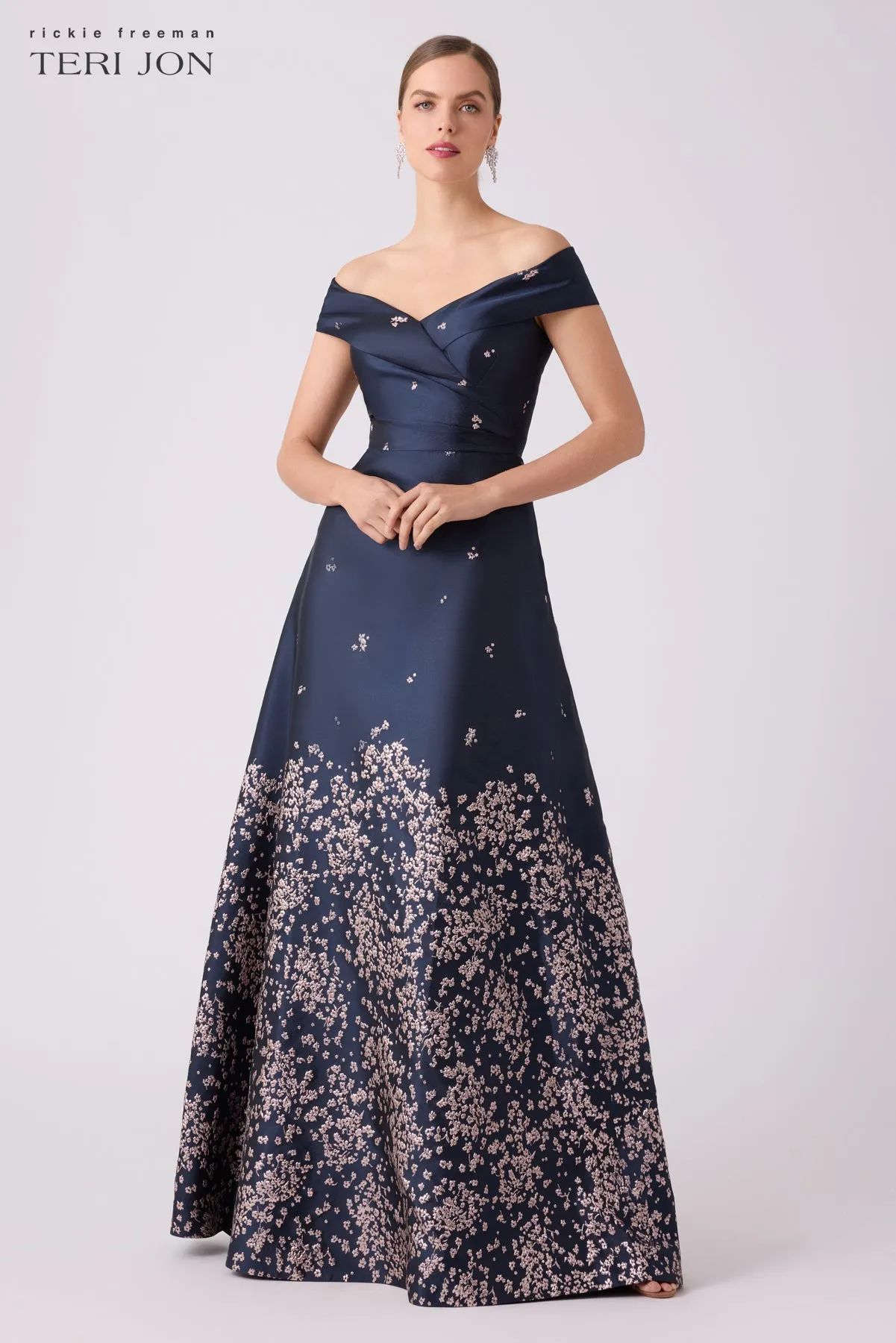 Jacquard Floral Border Cuff Bodice Gown